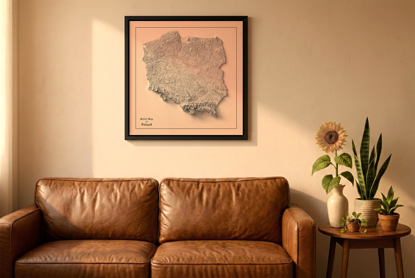 Poland vintage relief map in a black frame above a brown leather sofa. Boho living room with warm sunlight, sunflower, and indoor plants on a wooden side table