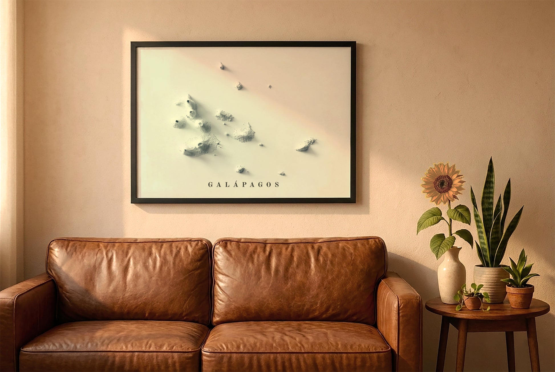 Galapagos, Ecuador, relief map in a black frame above a brown leather sofa. Boho living room with warm sunlight, sunflower, and indoor plants on a wooden side table