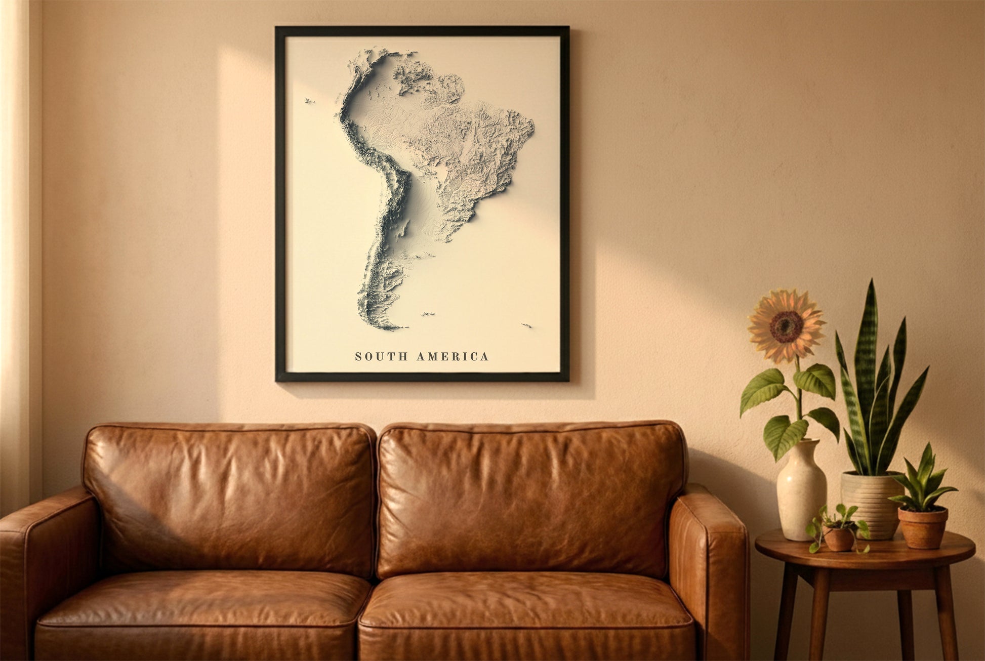 South America relief map in a black frame above a brown leather sofa. Boho living room with warm sunlight, sunflower, and indoor plants on a wooden side table