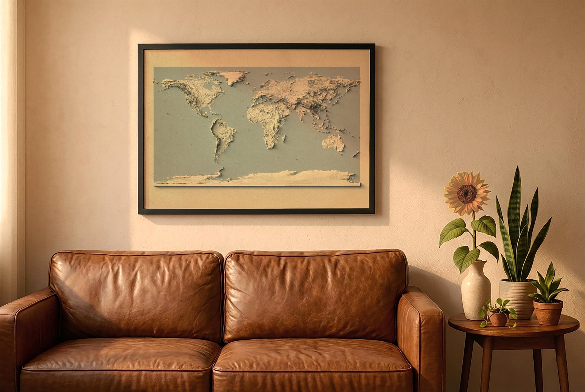 Vintage world relief map in a black frame above a brown leather sofa. Boho living room with warm sunlight, sunflower, and indoor plants on a wooden side table