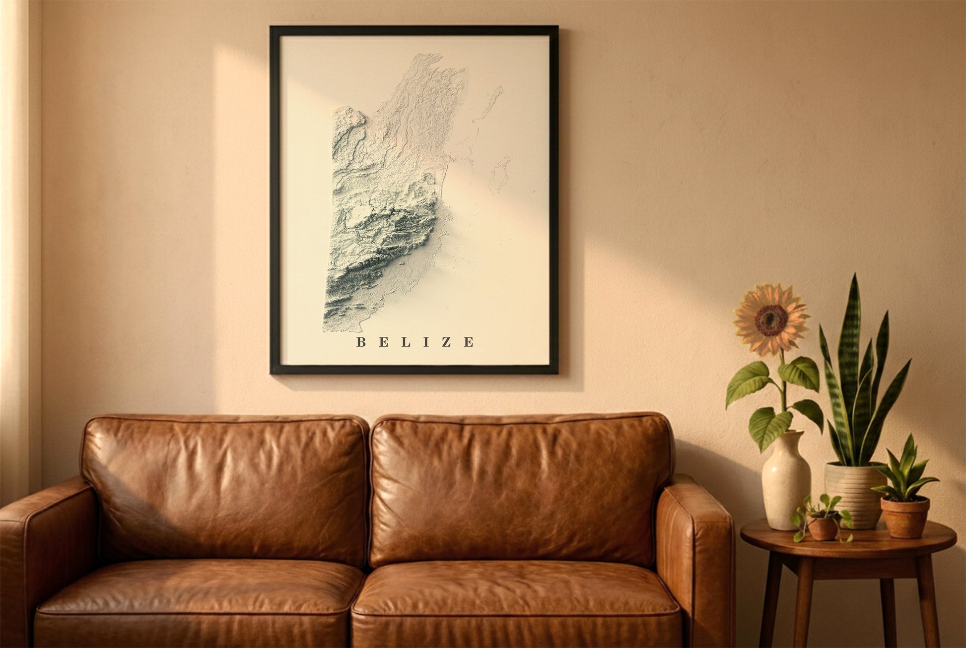 Belize relief map in a black frame above a brown leather sofa. Boho living room with warm sunlight, sunflower, and indoor plants on a wooden side table