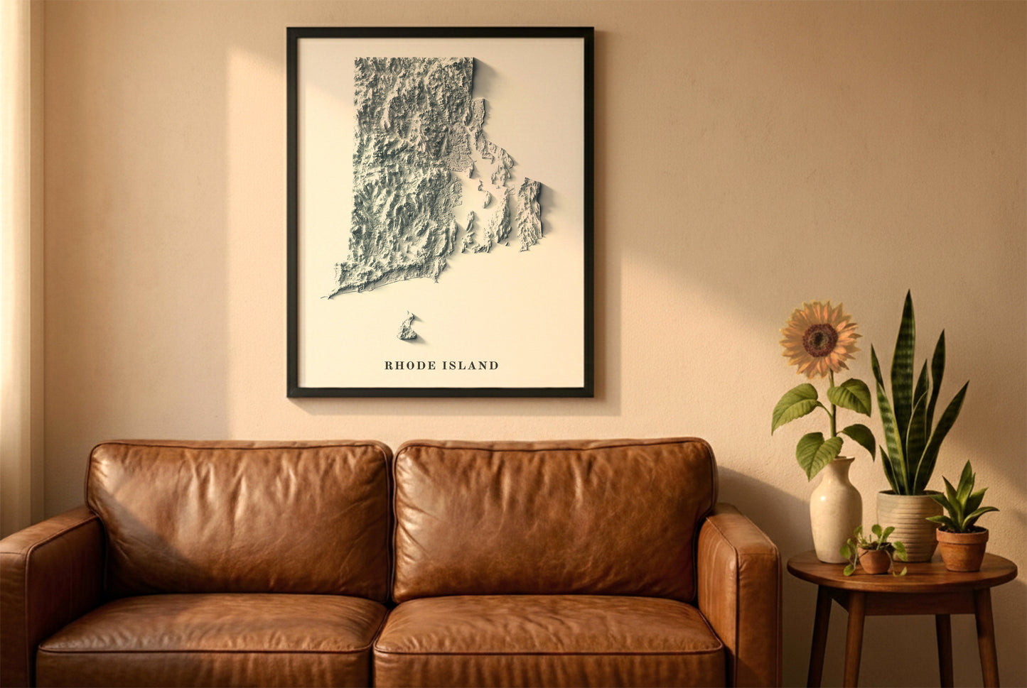 Rhode Island relief map in a black frame above a brown leather sofa. Boho living room with warm sunlight, sunflower, and indoor plants on a wooden side table
