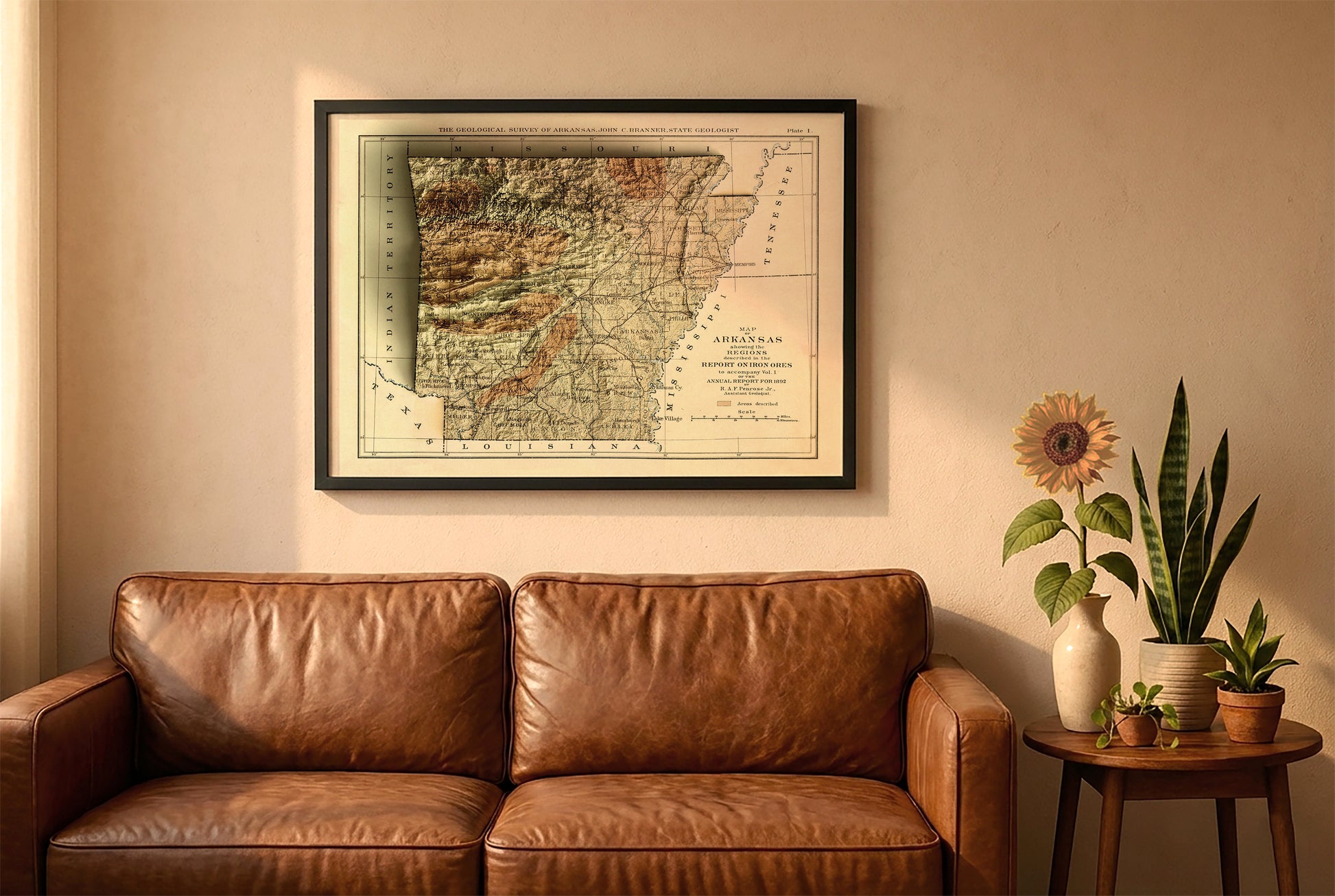 Arkansas vintage relief map in a black frame above a brown leather sofa. Boho living room with warm sunlight, sunflower, and indoor plants on a wooden side table