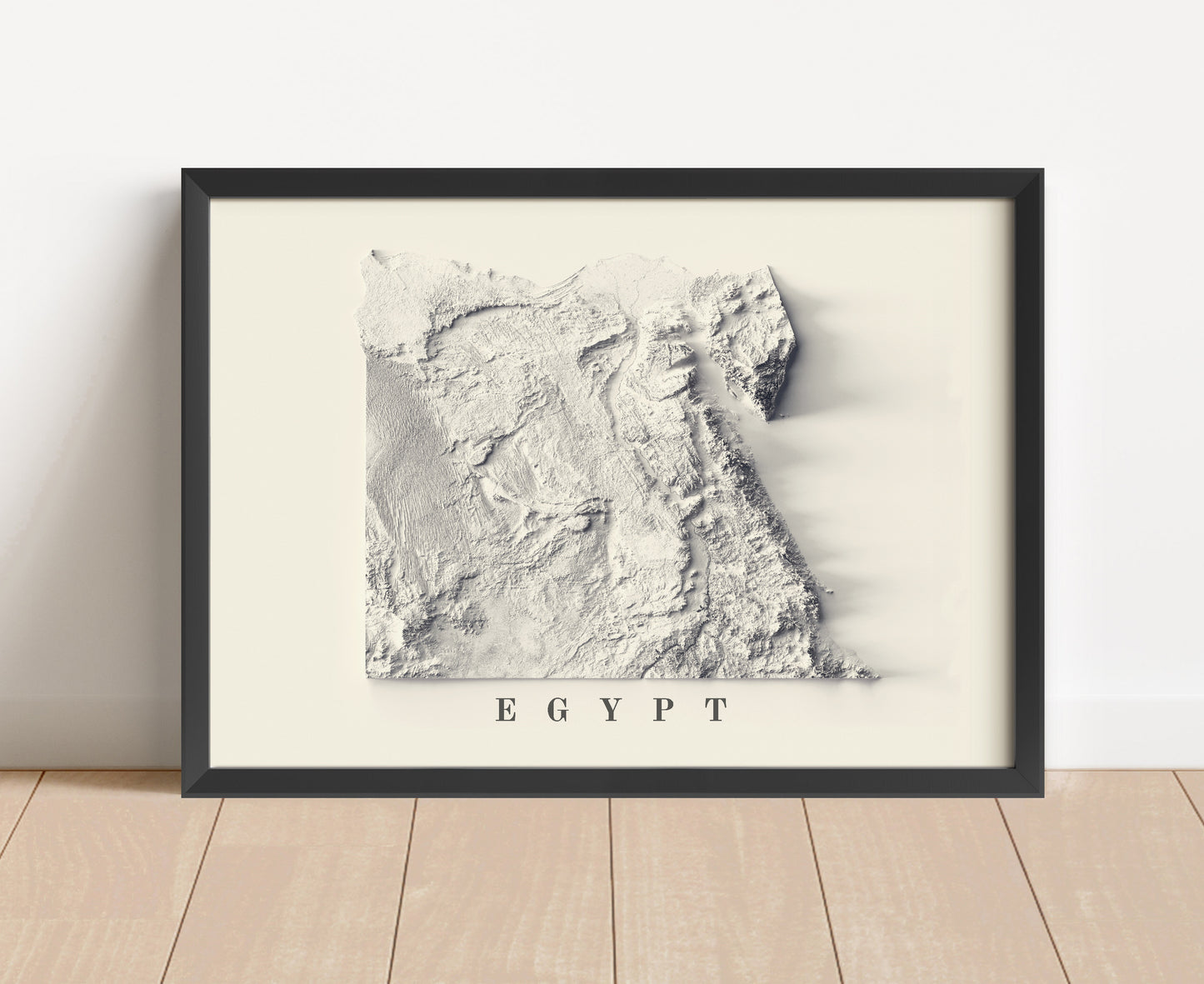 Egypt shaded relief map in black frame. Artistic print with realistic terrain effect for wall decor