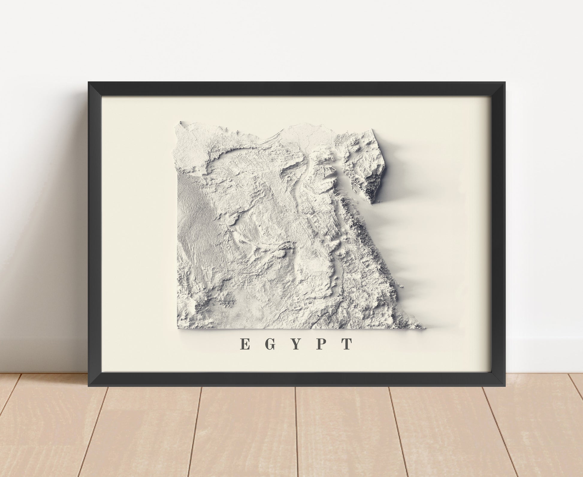 Egypt shaded relief map in black frame. Artistic print with realistic terrain effect for wall decor