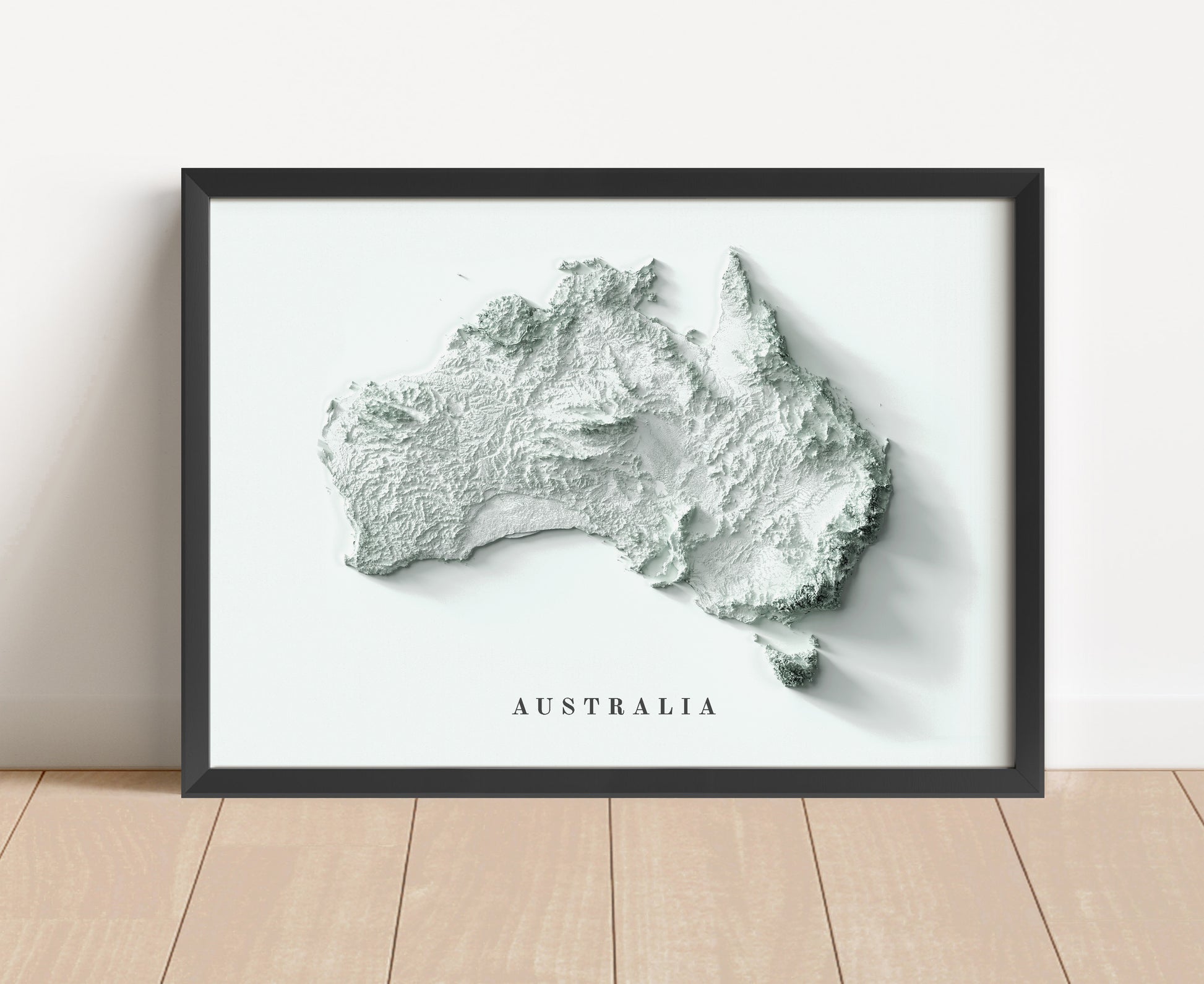 Australia shaded relief map in black frame. Artistic print with realistic terrain effect for wall decor