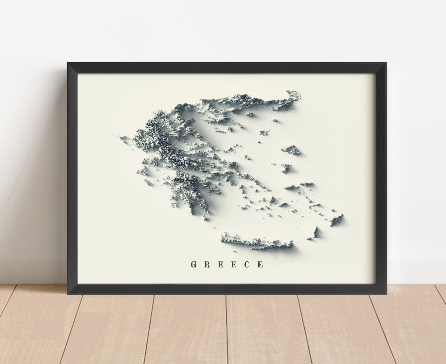 Greece shaded relief map in black frame. Artistic print with realistic terrain effect for wall decor
