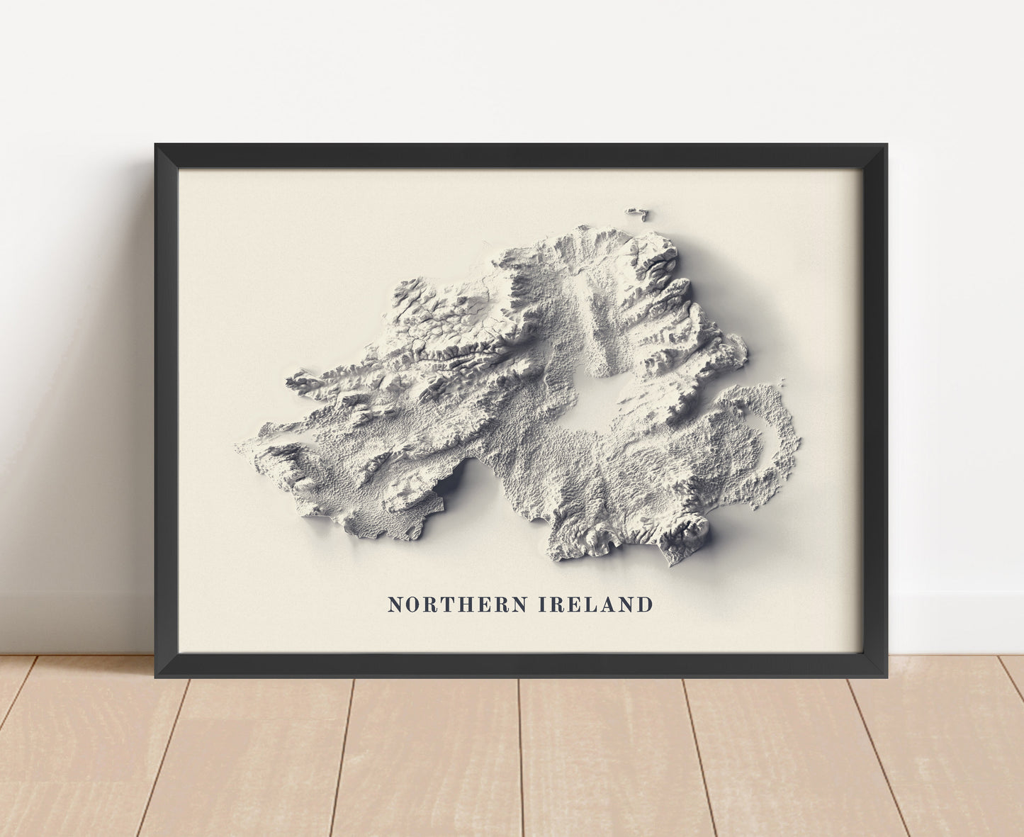 northern ireland shaded relief map in black frame. Artistic print with realistic terrain effect for wall decor