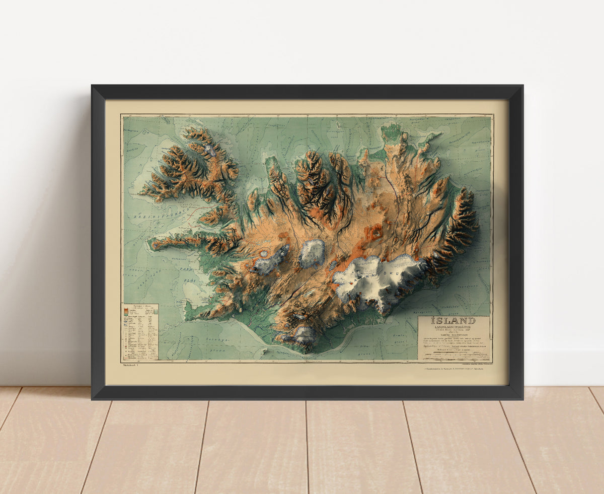 Vintage Iceland shaded relief map in black frame. Artistic print with realistic terrain effect for wall decor