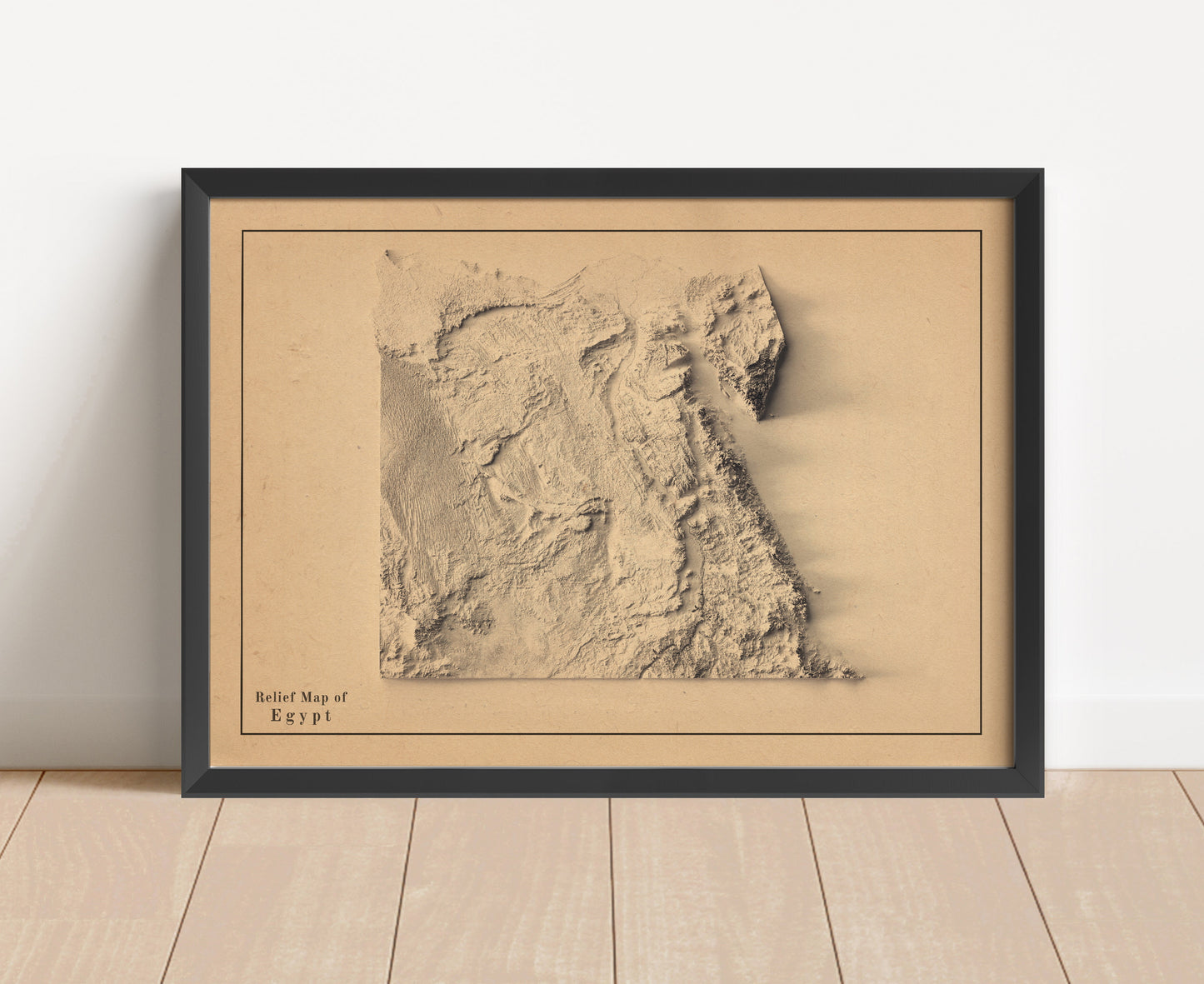 Vintage Egypt shaded relief map in black frame. Artistic print with realistic terrain effect for wall decor