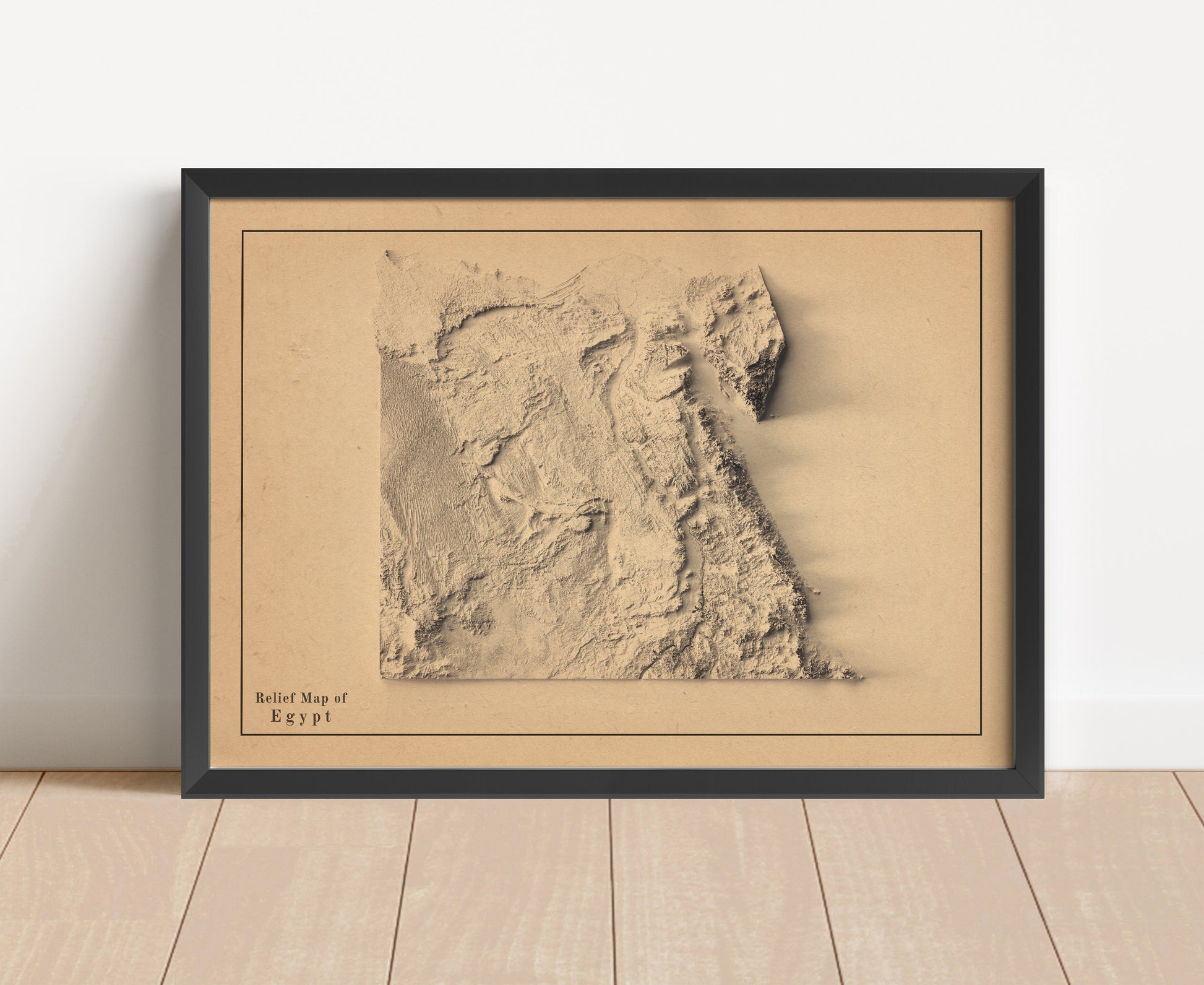 Vintage Egypt shaded relief map in black frame. Artistic print with realistic terrain effect for wall decor
