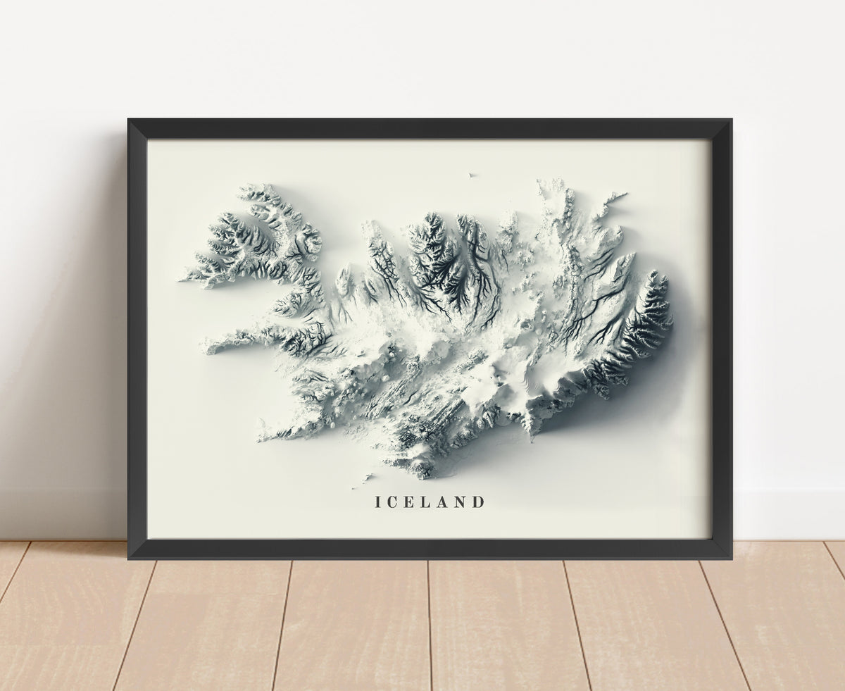 Iceland shaded relief map in black frame. Artistic print with realistic terrain effect for wall decor