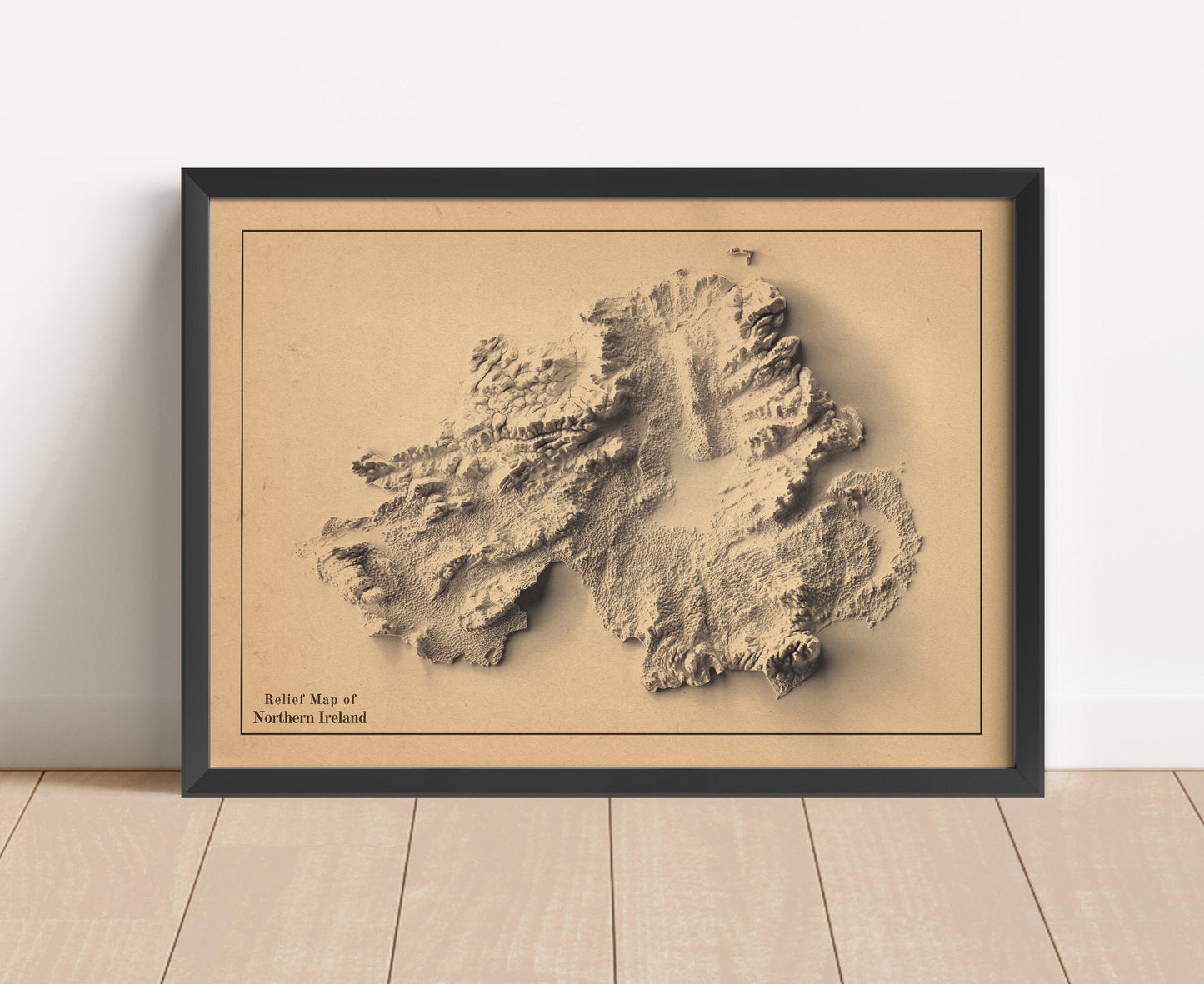 northern ireland shaded relief map in black frame. Artistic print with realistic terrain effect for wall decor
