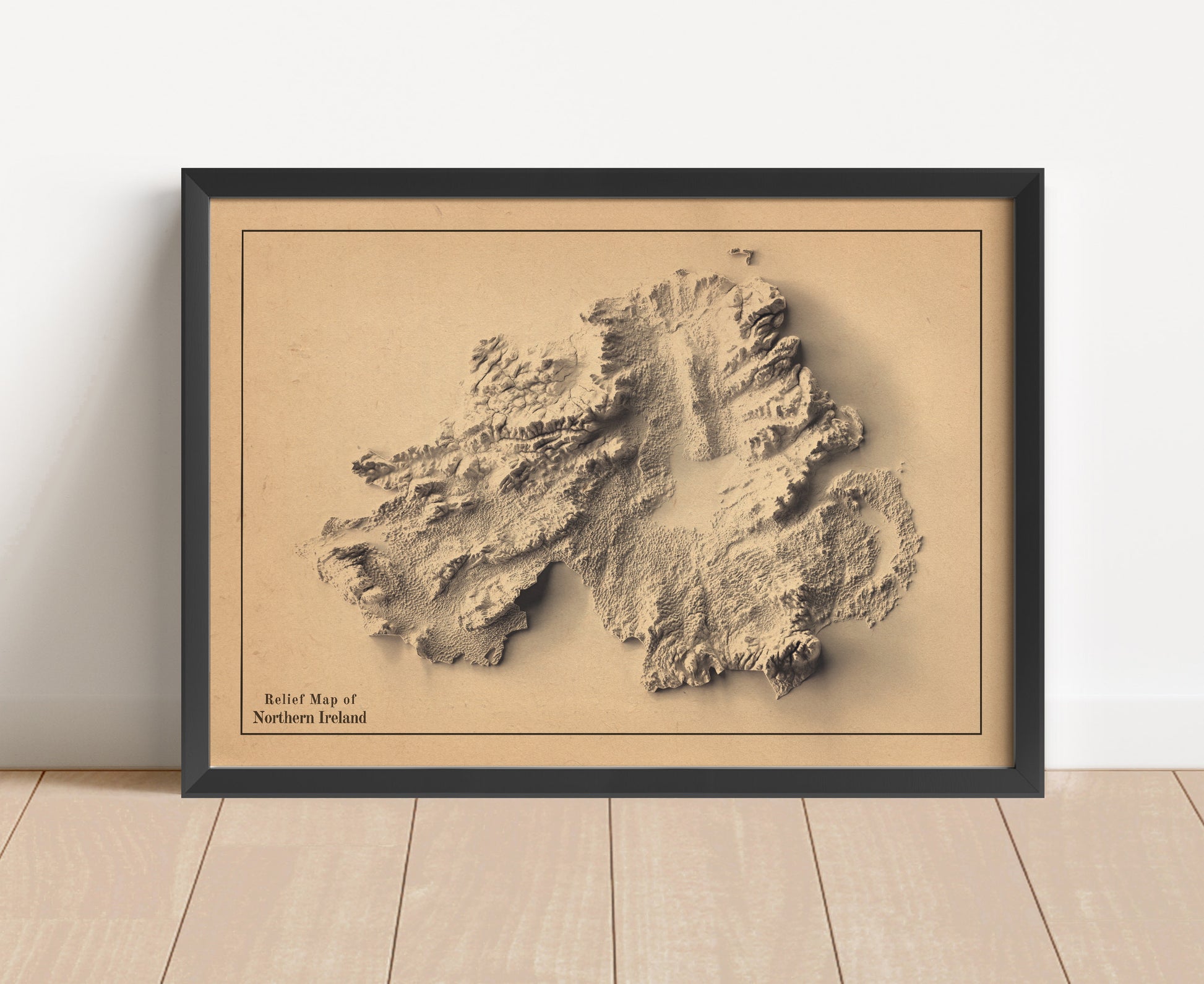 northern ireland shaded relief map in black frame. Artistic print with realistic terrain effect for wall decor