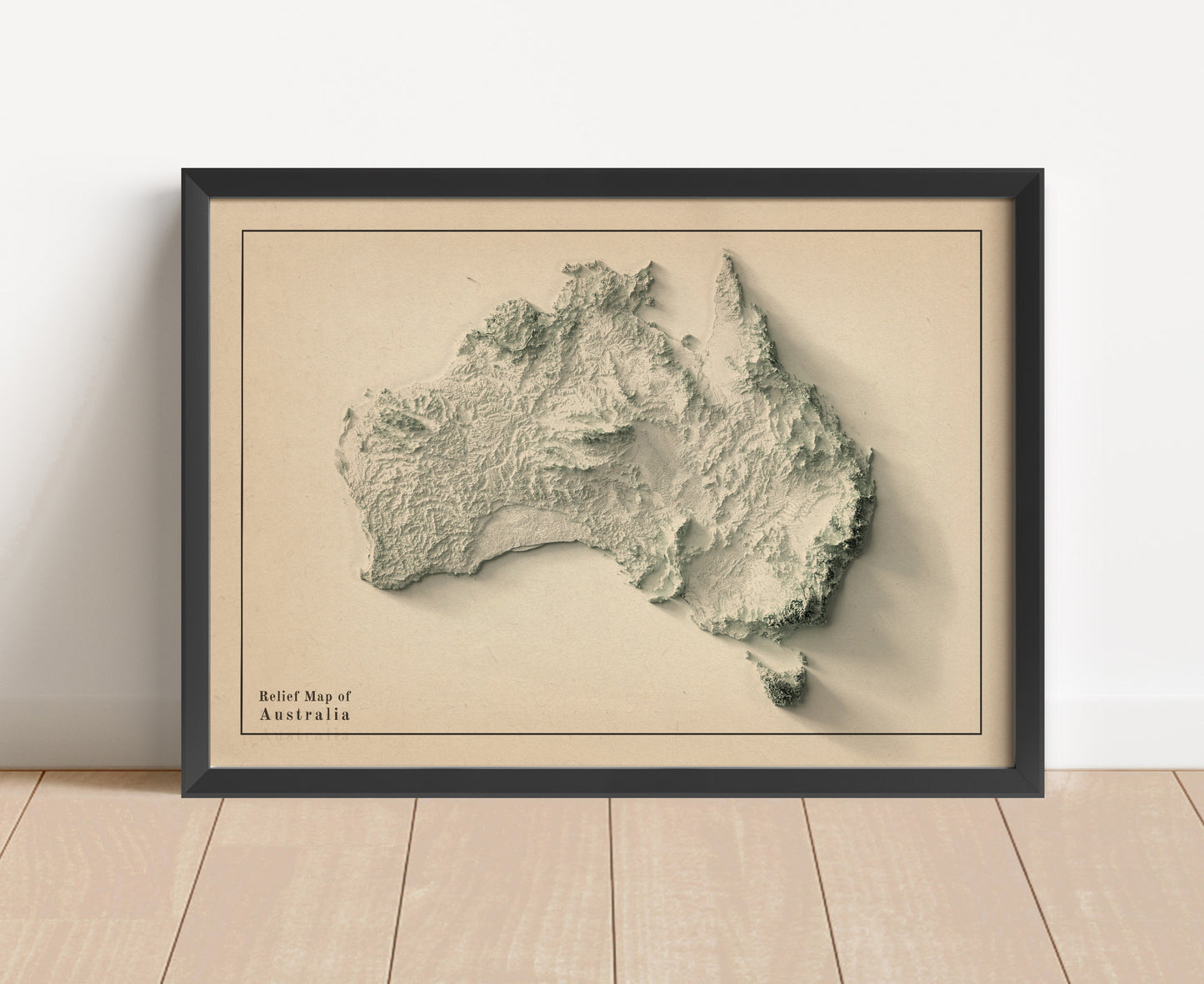 Australia shaded relief map in black frame. Artistic print with realistic terrain effect for wall decor