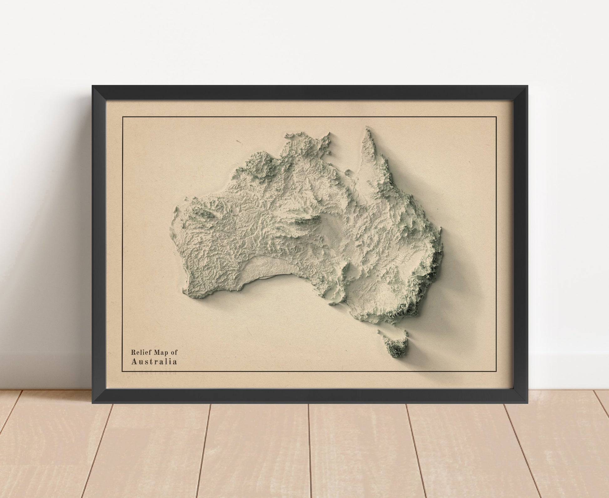 Australia shaded relief map in black frame. Artistic print with realistic terrain effect for wall decor
