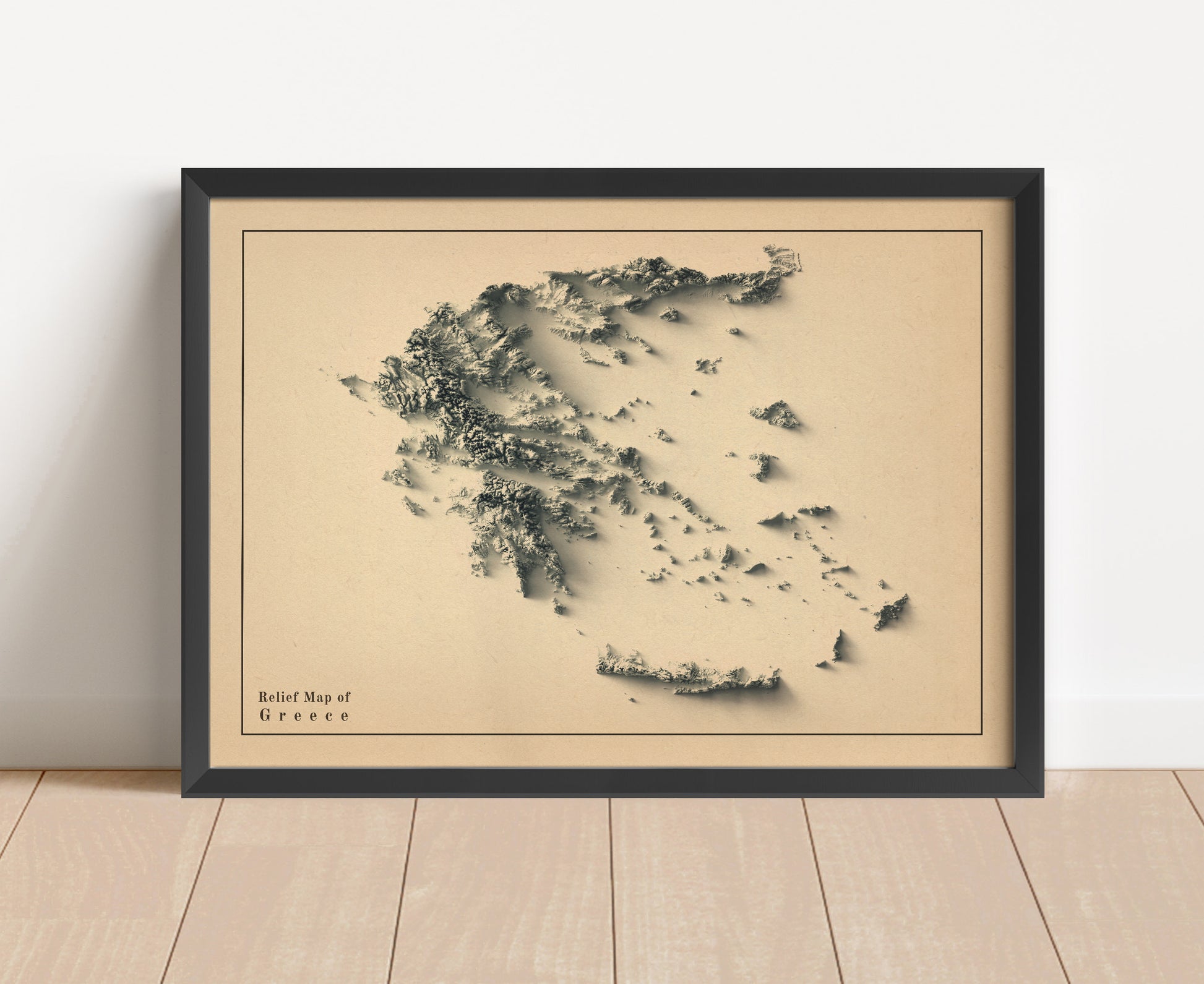 Vintage Greece shaded relief map in black frame. Artistic print with realistic terrain effect for wall decor