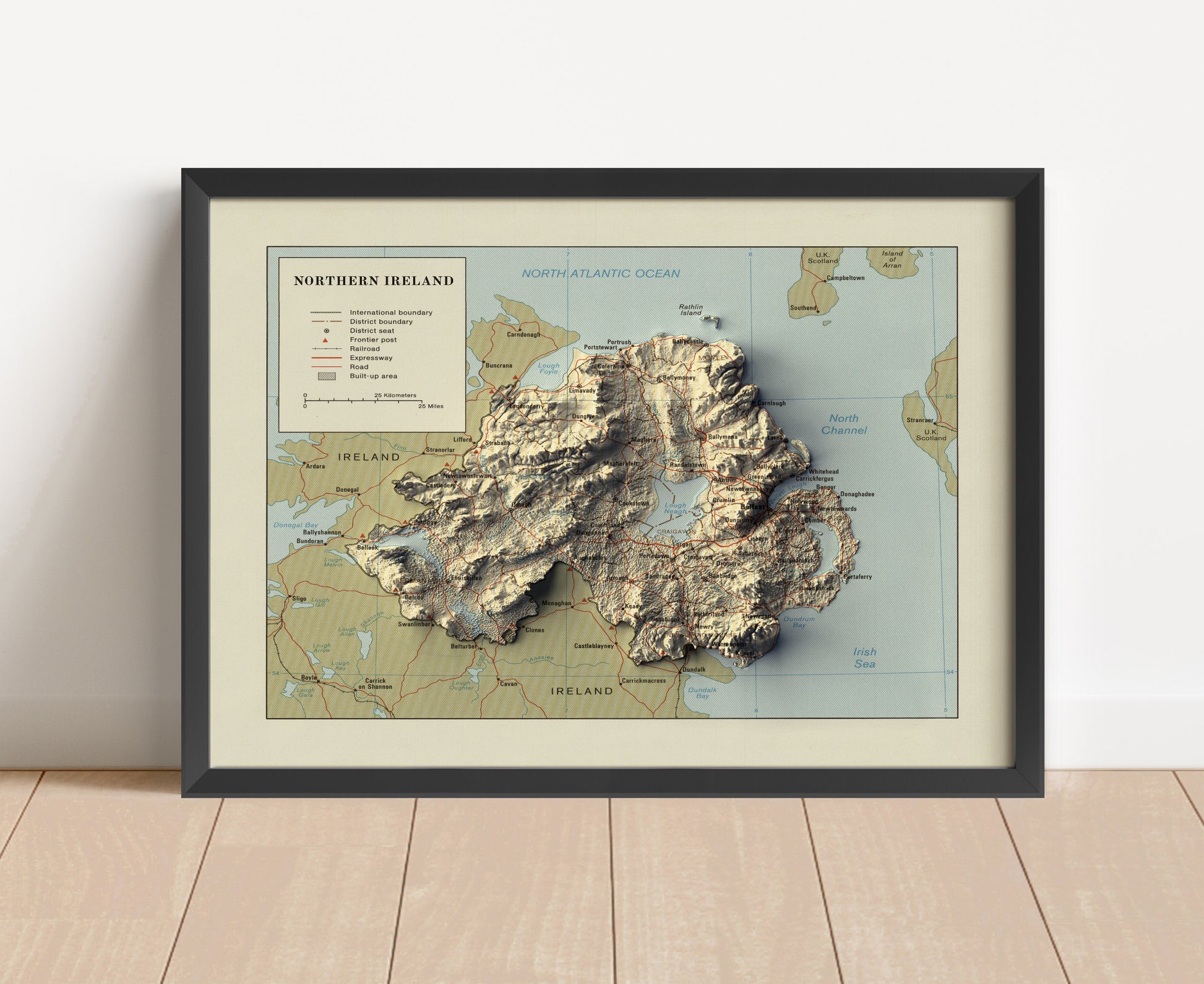 northern ireland vintage shaded relief map in black frame. Artistic print with realistic terrain effect for wall decor