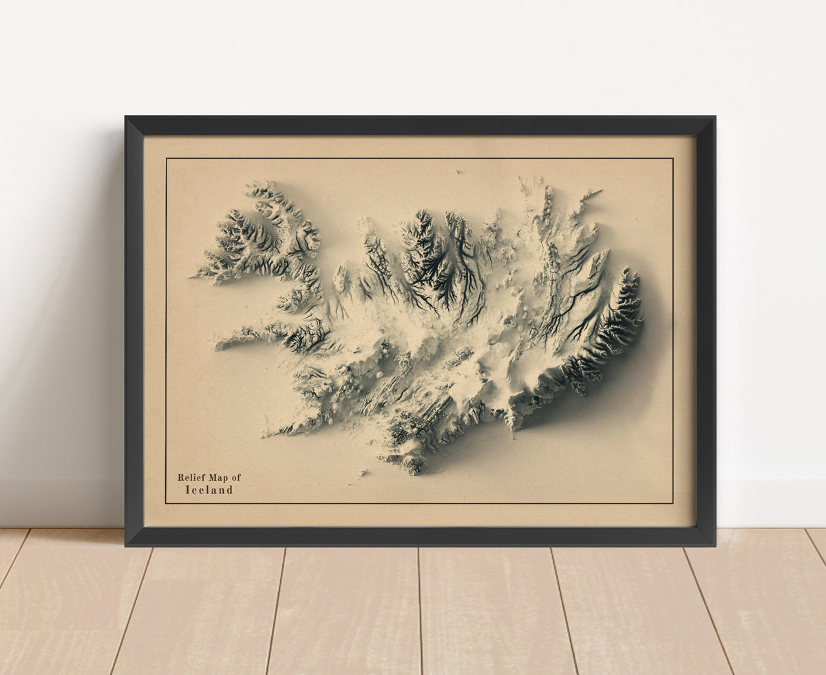 Vintage Iceland shaded relief map in black frame. Artistic print with realistic terrain effect for wall decor