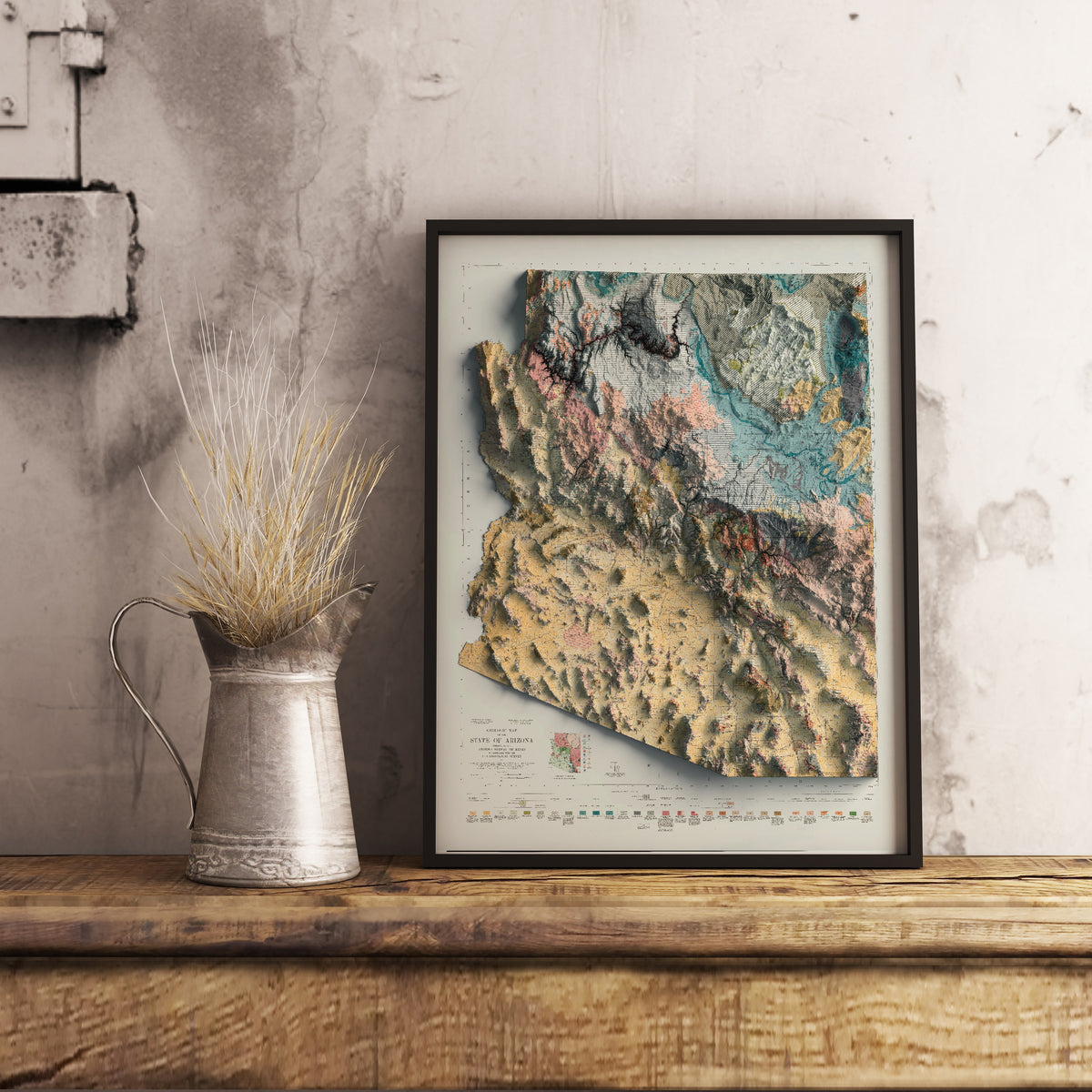 Vintage Arizona Geological shaded relief map in black frame. Realistic terrain art print for home decor, displayed on rustic wooden table