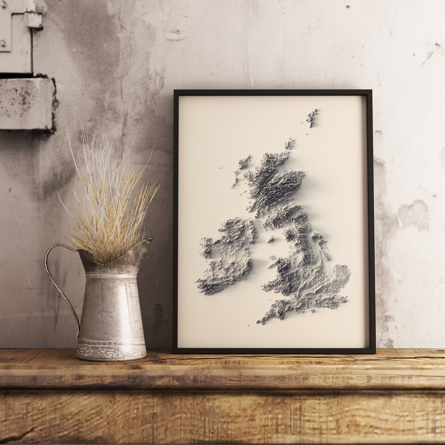 united kingdom and ireland shaded relief map in black frame. Realistic terrain art print for home decor, displayed on rustic wooden table