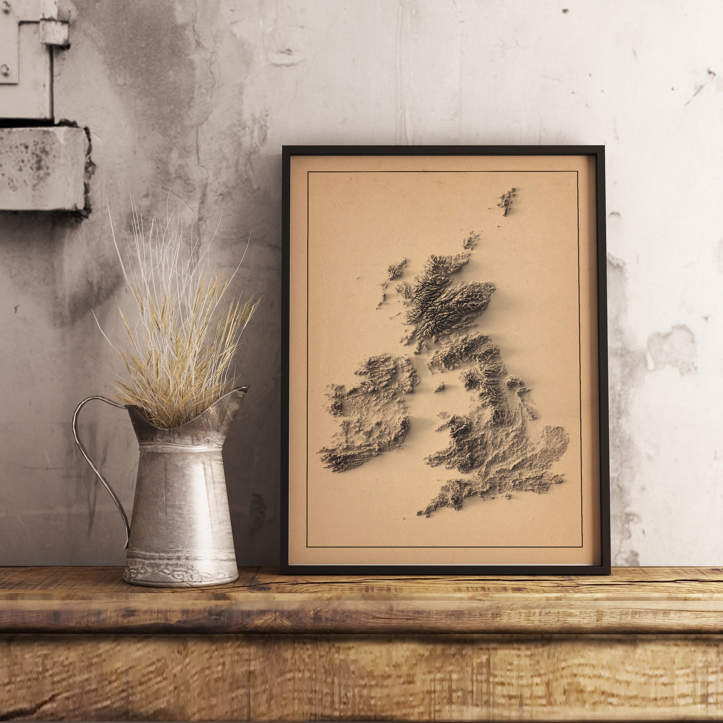 united kingdom and ireland shaded relief map in black frame. Realistic terrain art print for home decor, displayed on rustic wooden table