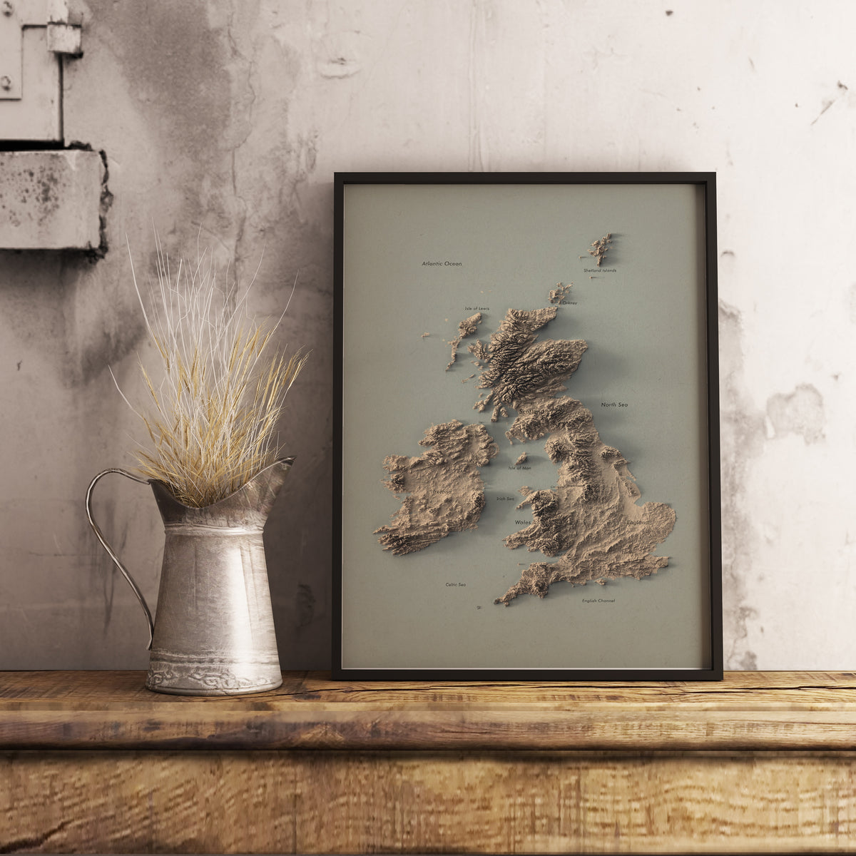 UK and Ireland Labeled Ocean Relief Map | Countries, Capitals, Oceans & Islands | British Islands Minimalist Map