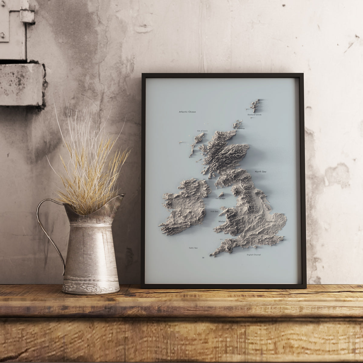 British Isles Labeled Ocean Relief Map | Countries, Capitals, Oceans & Islands | UK Minimalist Map (Cópia)