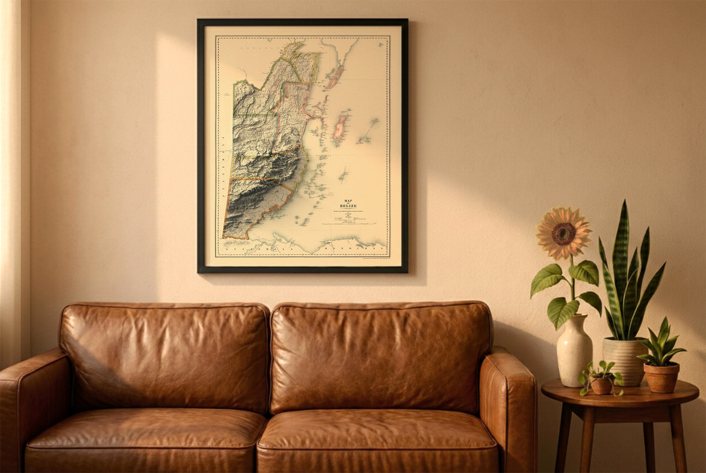 Belize vintage relief map in a black frame above a brown leather sofa. Boho living room with warm sunlight, sunflower, and indoor plants on a wooden side table