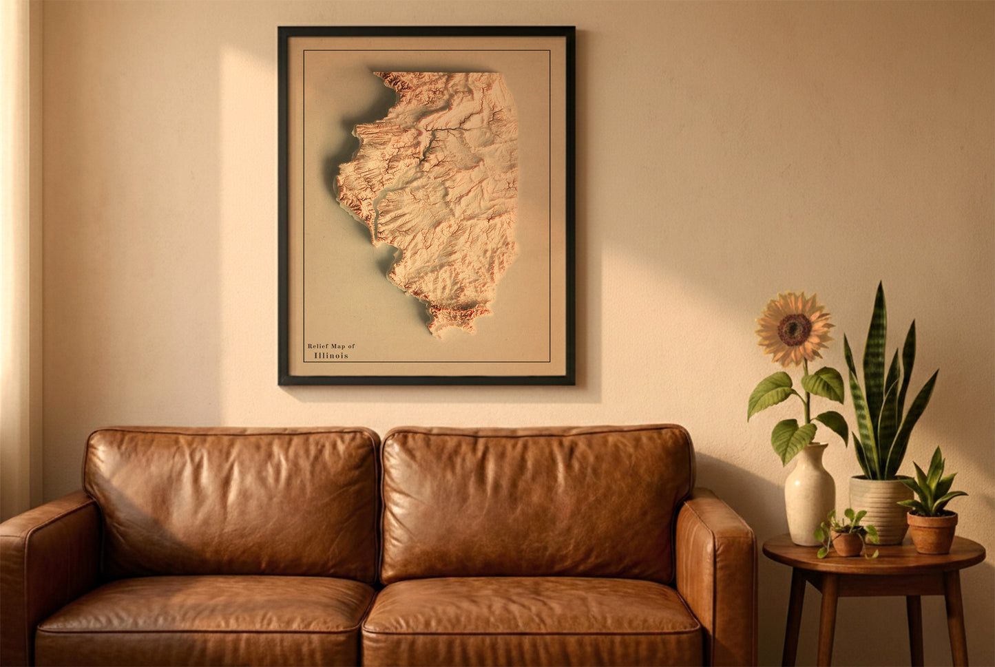 Illinois vintage relief map in a black frame above a brown leather sofa. Boho living room with warm sunlight, sunflower, and indoor plants on a wooden side table