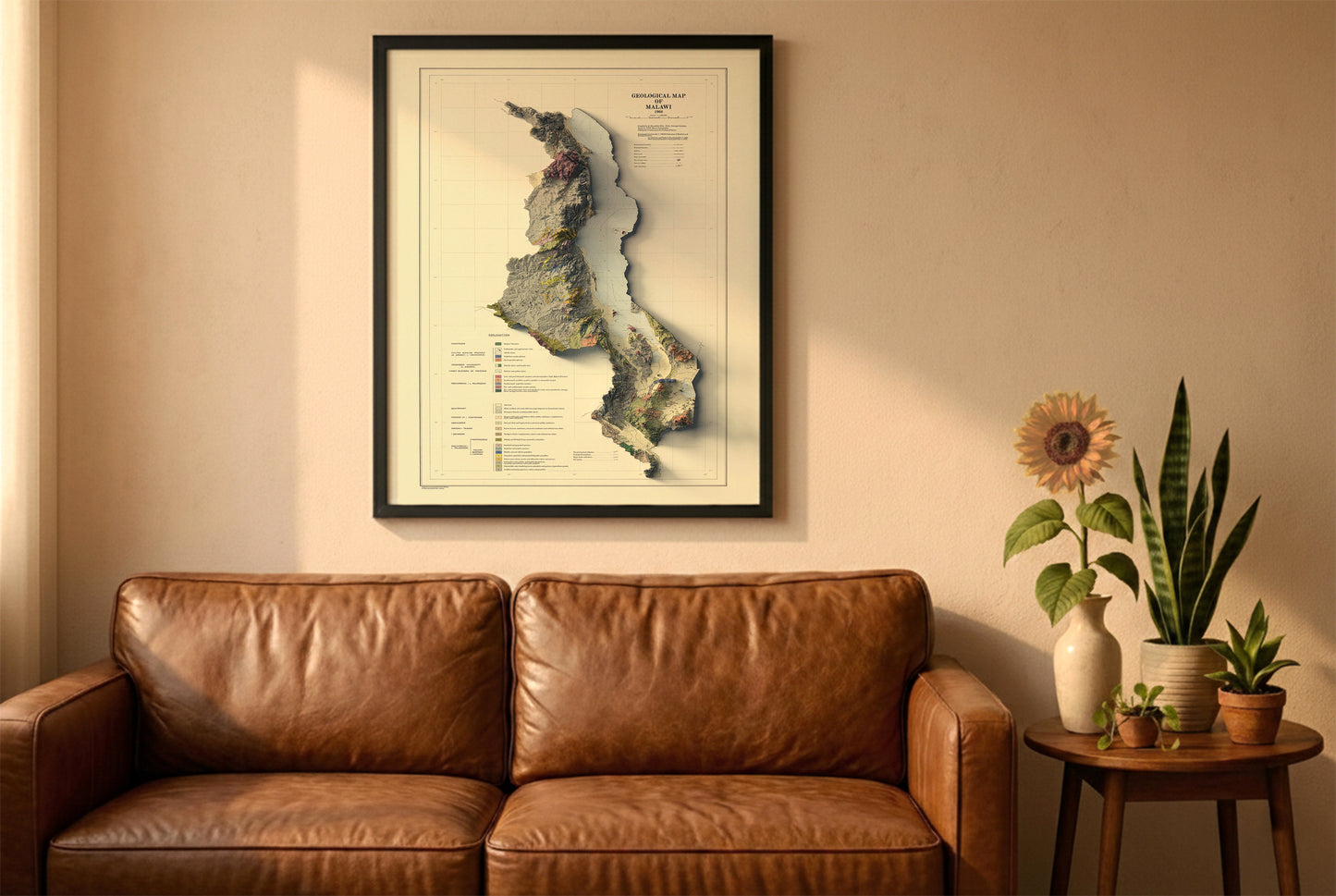 Malawi vintage relief map in a black frame above a brown leather sofa. Boho living room with warm sunlight, sunflower, and indoor plants on a wooden side table