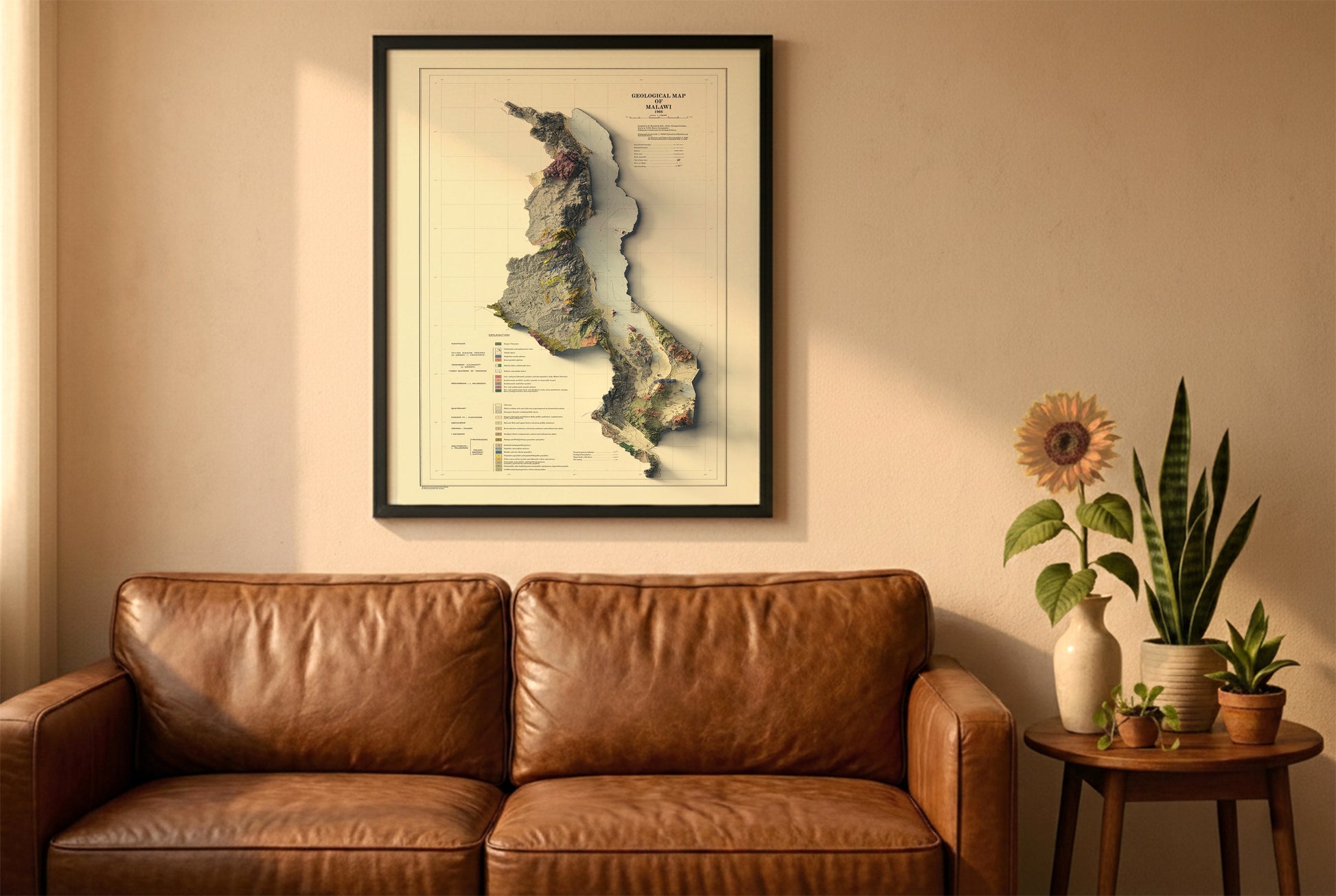 Malawi vintage relief map in a black frame above a brown leather sofa. Boho living room with warm sunlight, sunflower, and indoor plants on a wooden side table
