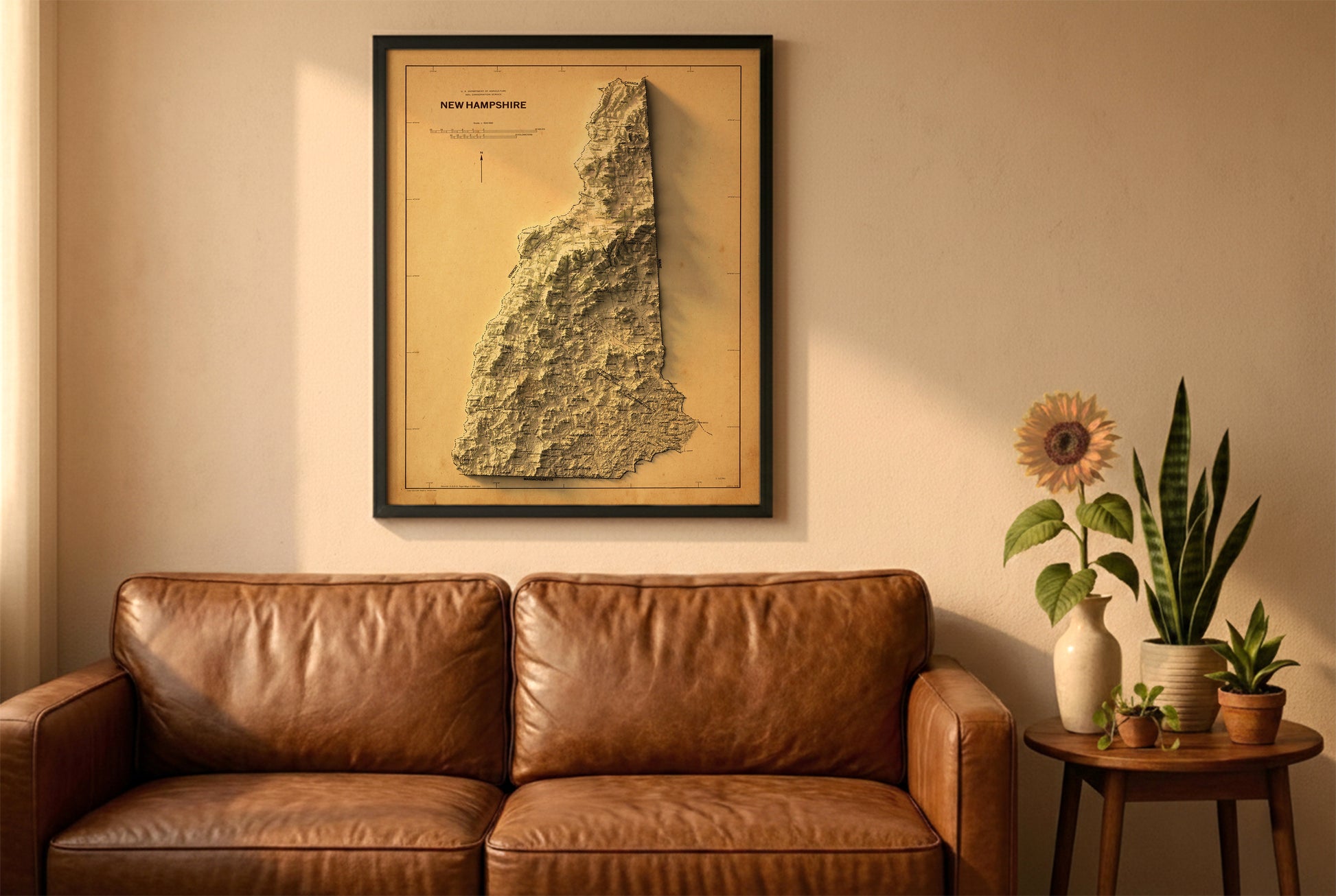 New Hampshire vintage relief map in a black frame above a brown leather sofa. Boho living room with warm sunlight, sunflower, and indoor plants on a wooden side table
