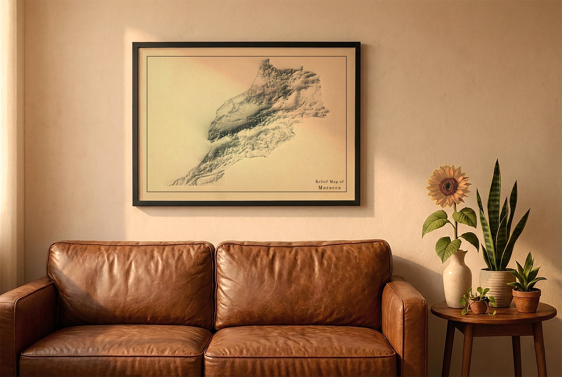 Morocco vintage relief map in a black frame above a brown leather sofa. Boho living room with warm sunlight, sunflower, and indoor plants on a wooden side table