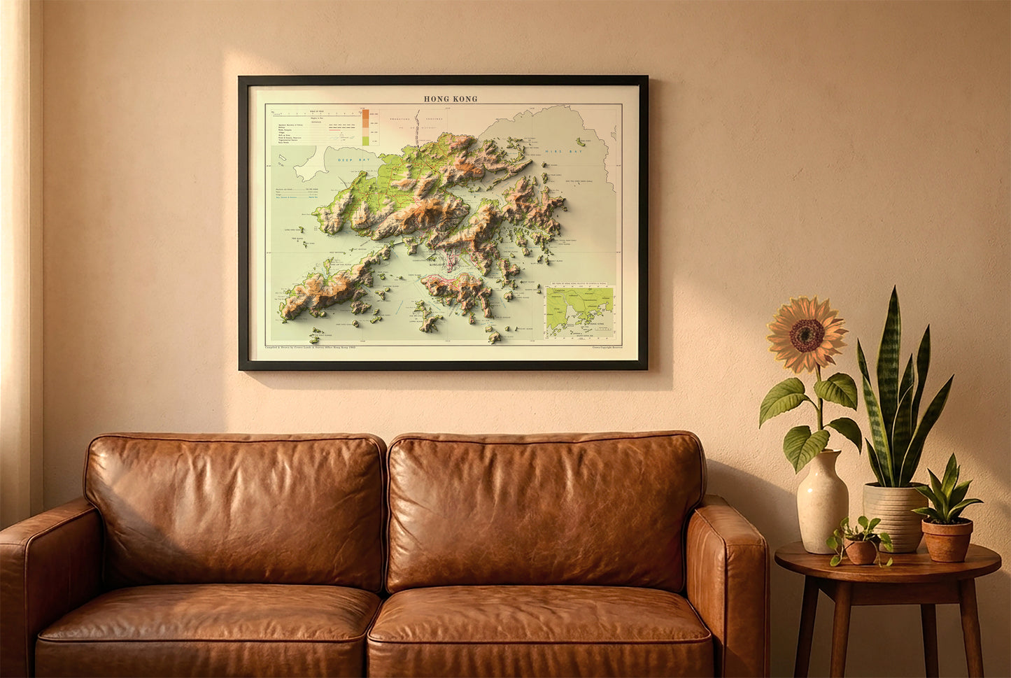 Hong Kong vintage relief map in a black frame above a brown leather sofa. Boho living room with warm sunlight, sunflower, and indoor plants on a wooden side table
