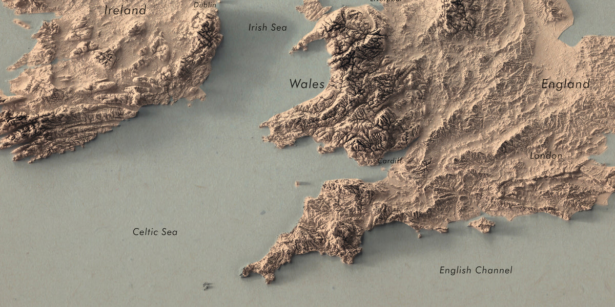 UK and Ireland Labeled Ocean Relief Map | Countries, Capitals, Oceans & Islands | British Islands Minimalist Map