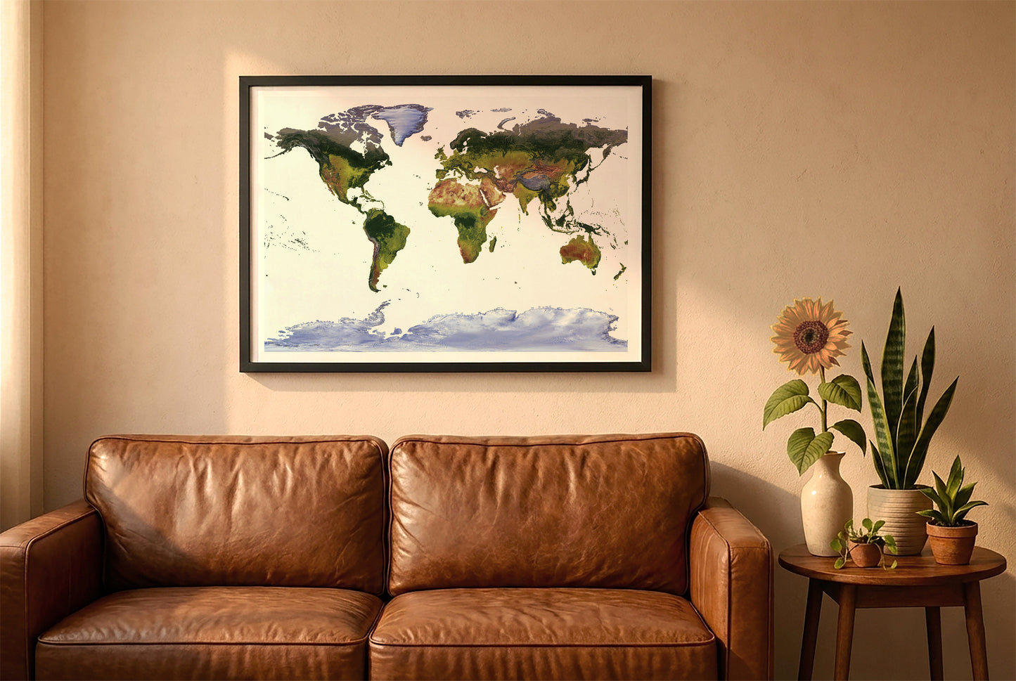 World relief map in gall stereographic projection in a black frame above a brown leather sofa. Boho living room with warm sunlight, sunflower, and indoor plants on a wooden side table