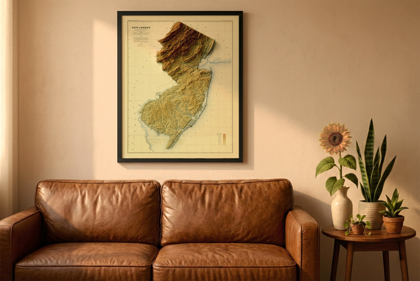 New Jersey vintage relief map in a black frame above a brown leather sofa. Boho living room with warm sunlight, sunflower, and indoor plants on a wooden side table