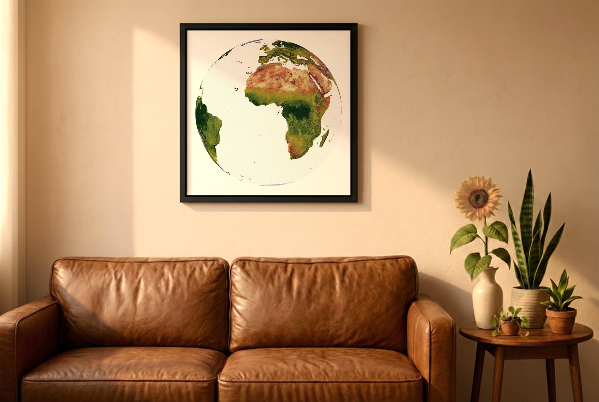 World relief map in Vertical Perspective projection in a black frame above a brown leather sofa. Boho living room with warm sunlight, sunflower, and indoor plants on a wooden side table