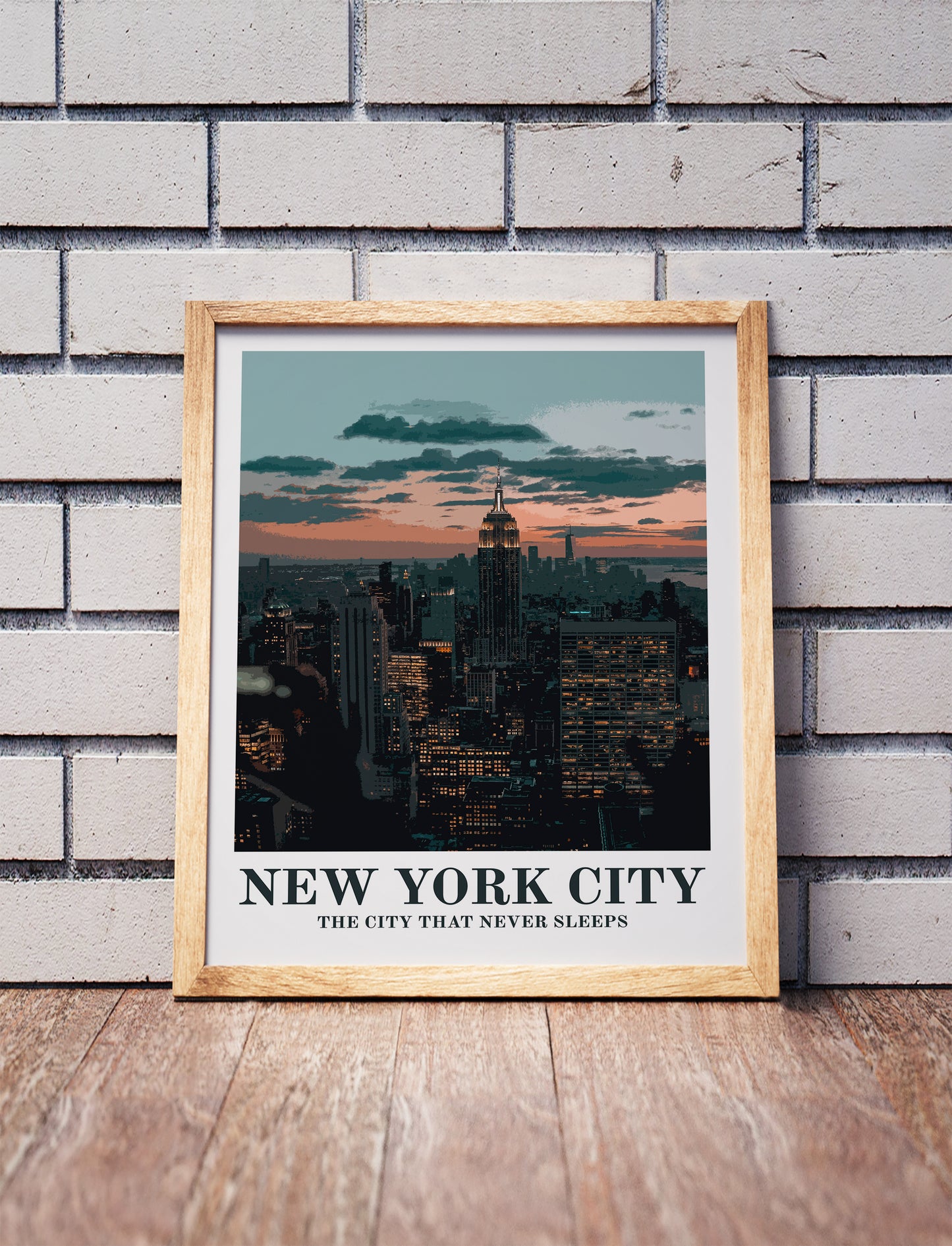 New York City poster in a wooden frame. Realistic terrain art print for home decor, displayed against a brick wall