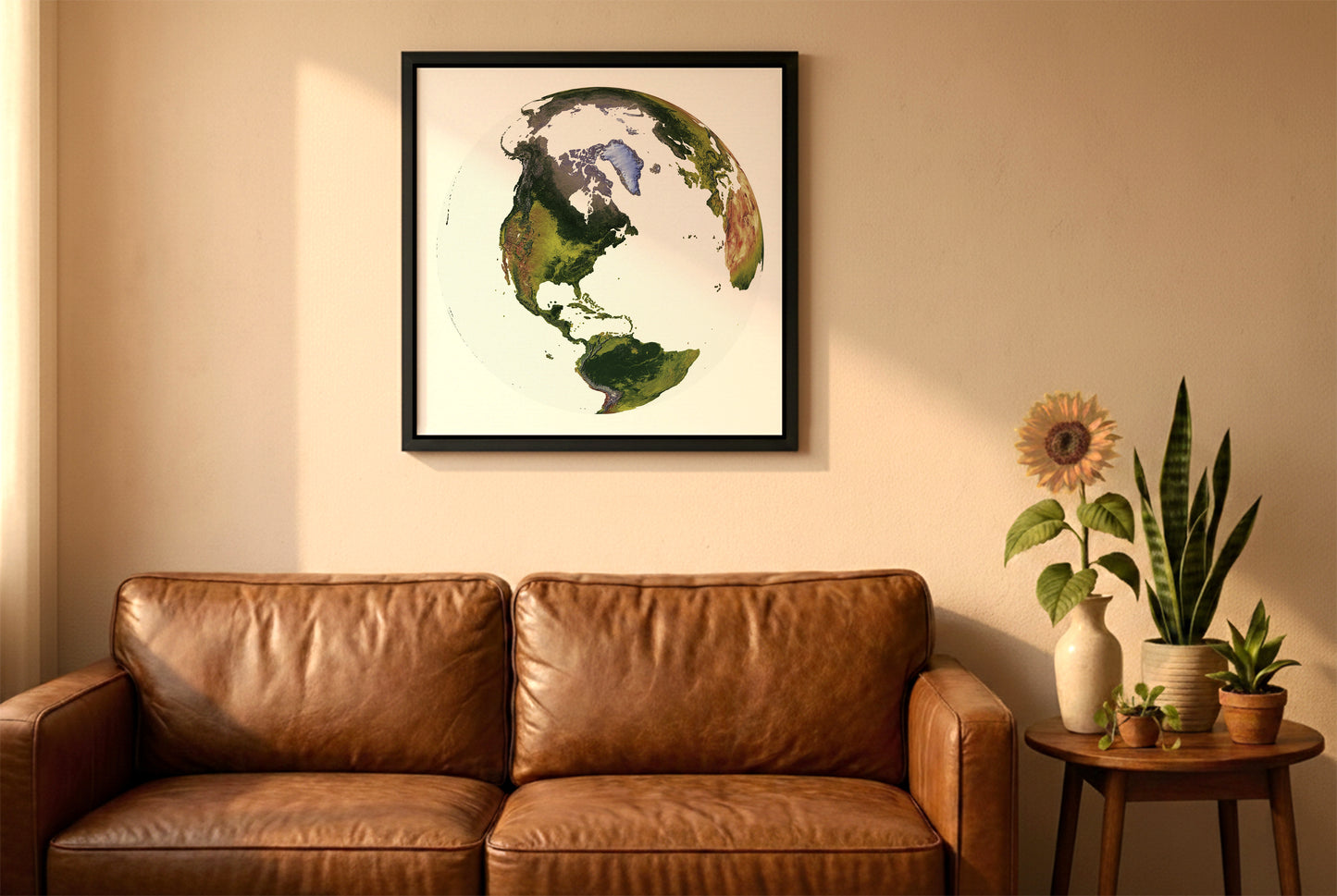 World relief map in the World From Space projection in a black frame above a brown leather sofa. Boho living room with warm sunlight, sunflower, and indoor plants on a wooden side table