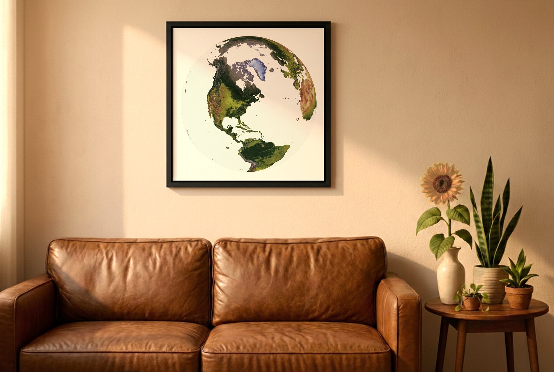 World relief map in the World From Space projection in a black frame above a brown leather sofa. Boho living room with warm sunlight, sunflower, and indoor plants on a wooden side table