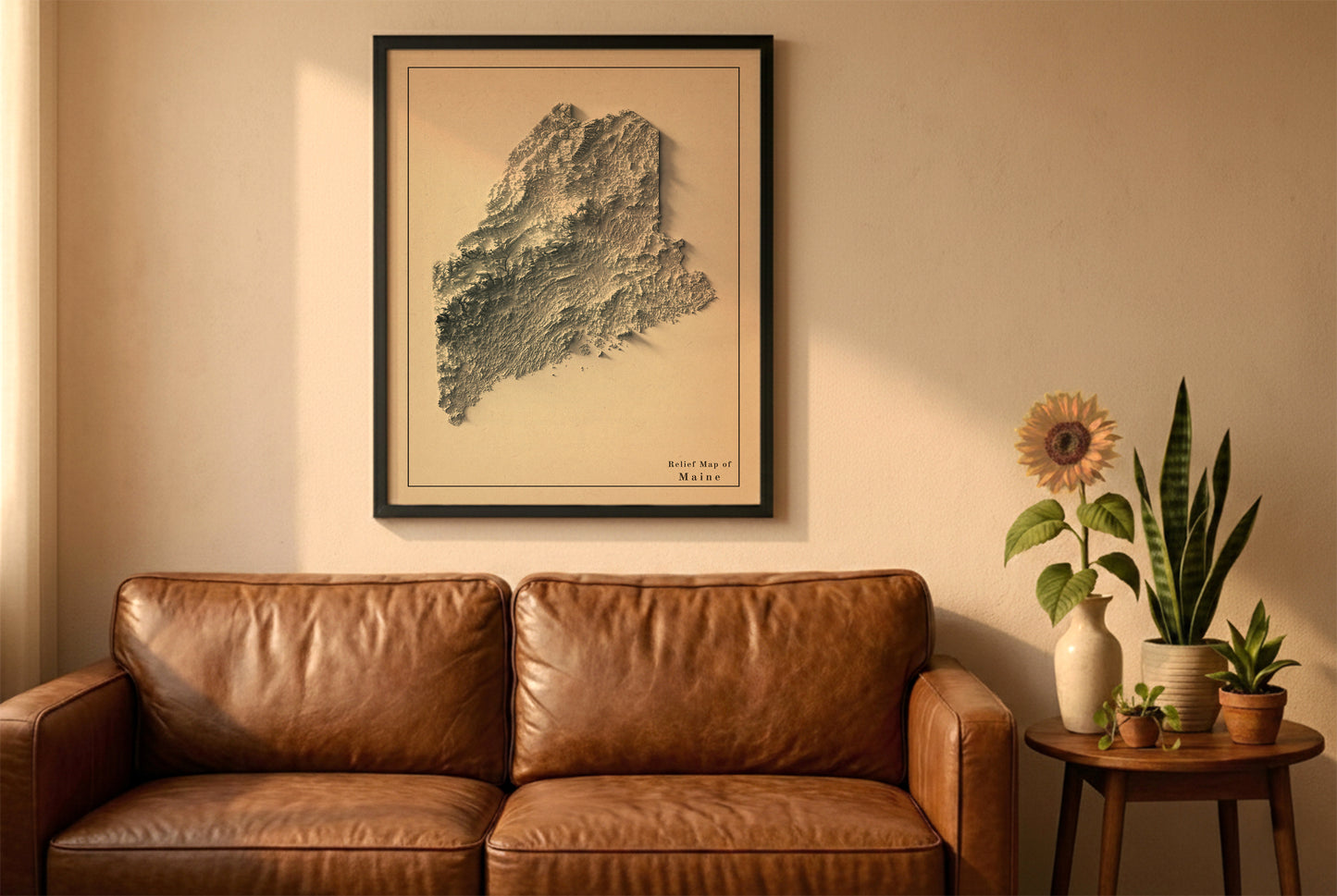 Maine vintage relief map in a black frame above a brown leather sofa. Boho living room with warm sunlight, sunflower, and indoor plants on a wooden side table