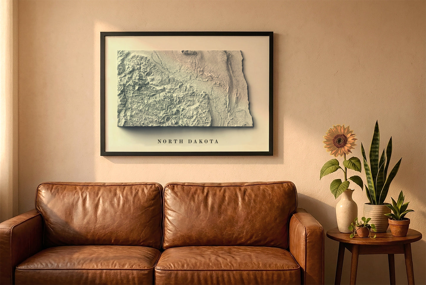 North Dakota relief map in a black frame above a brown leather sofa. Boho living room with warm sunlight, sunflower, and indoor plants on a wooden side table