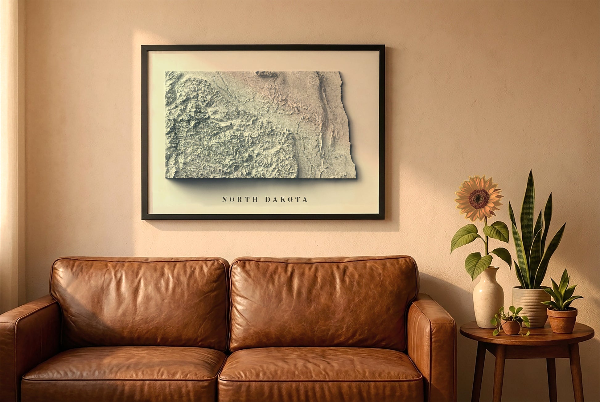 North Dakota relief map in a black frame above a brown leather sofa. Boho living room with warm sunlight, sunflower, and indoor plants on a wooden side table