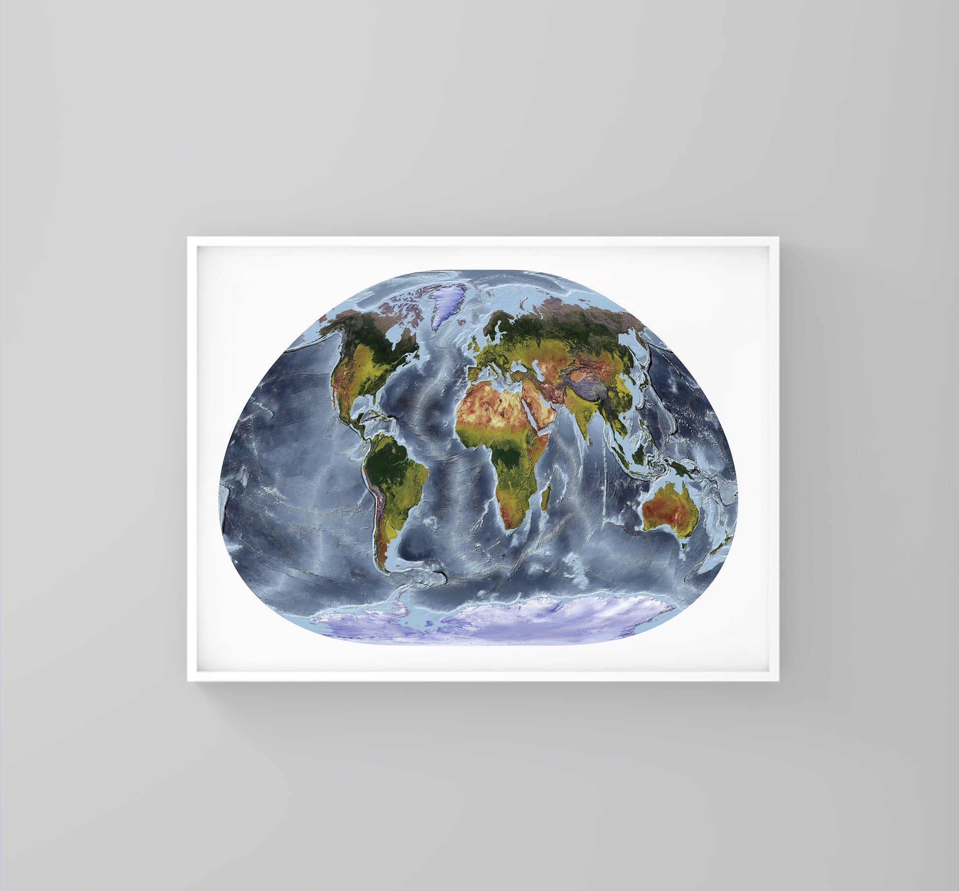 World framed shaded relief map in white frame, showing Loximuthal Projection. Artistic print highlighting vegetation
