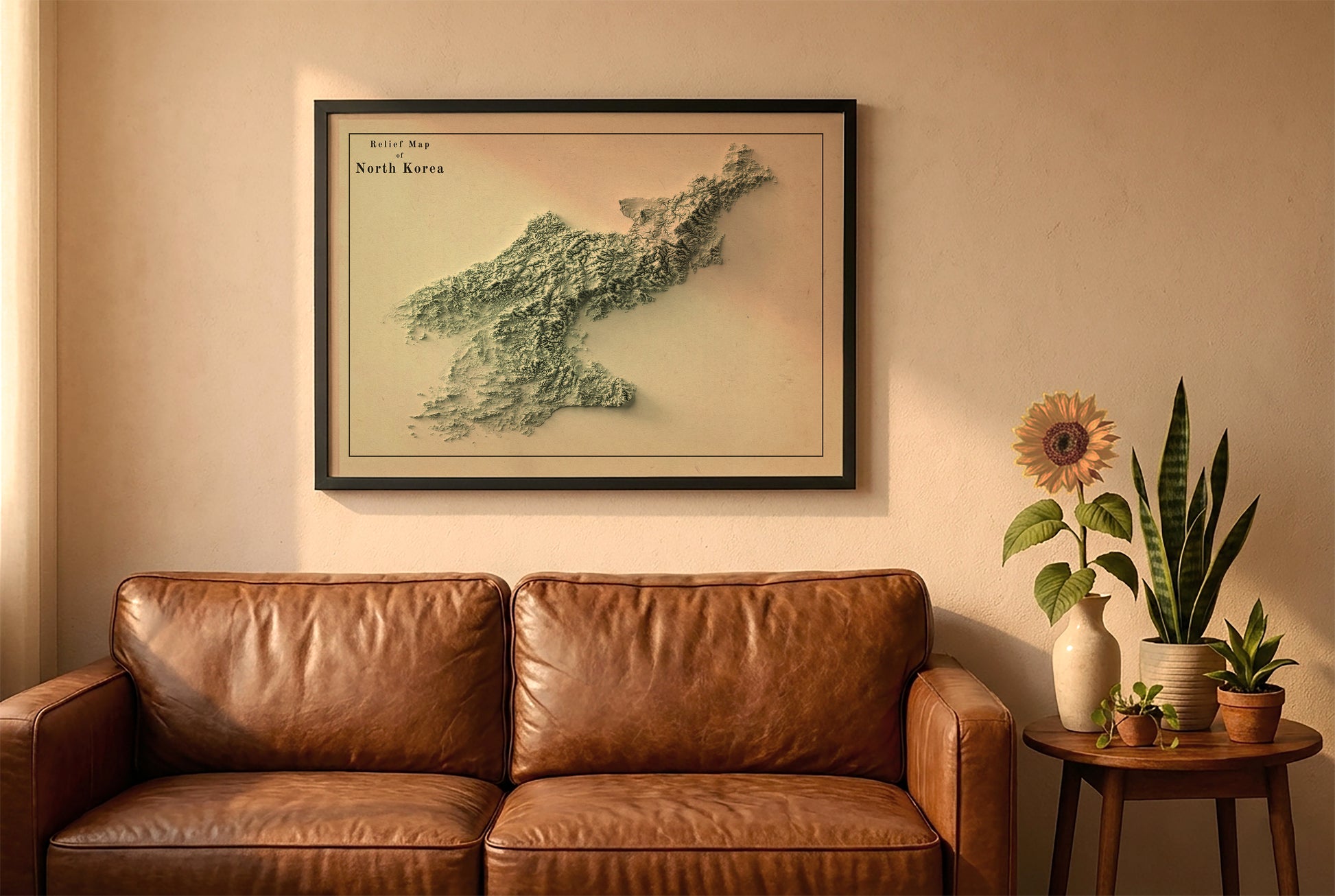 North Korea relief map in a black frame above a brown leather sofa. Boho living room with warm sunlight, sunflower, and indoor plants on a wooden side table