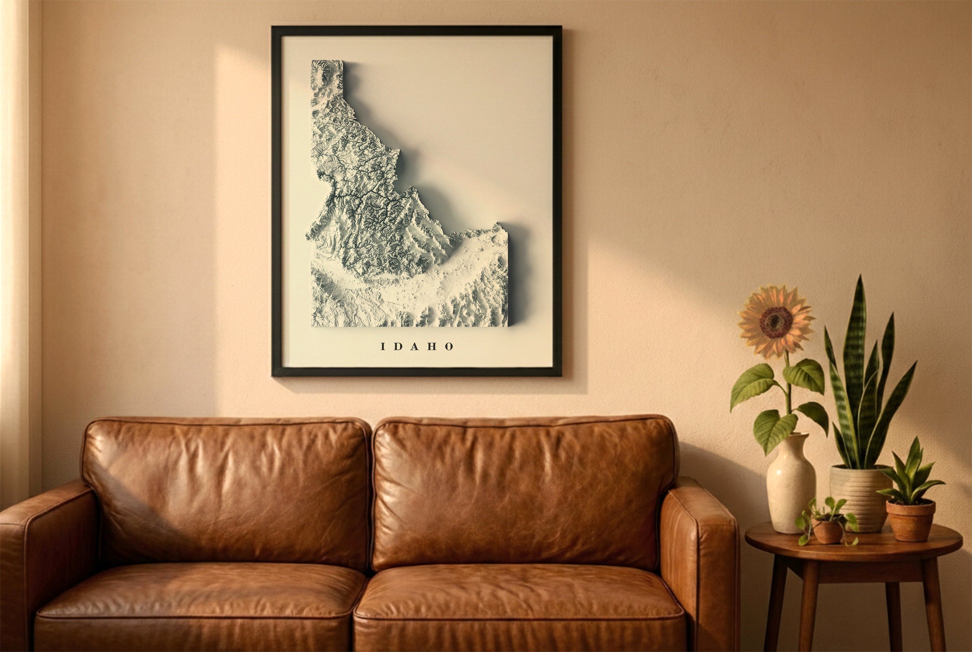 Idaho relief map in a black frame above a brown leather sofa. Boho living room with warm sunlight, sunflower, and indoor plants on a wooden side table