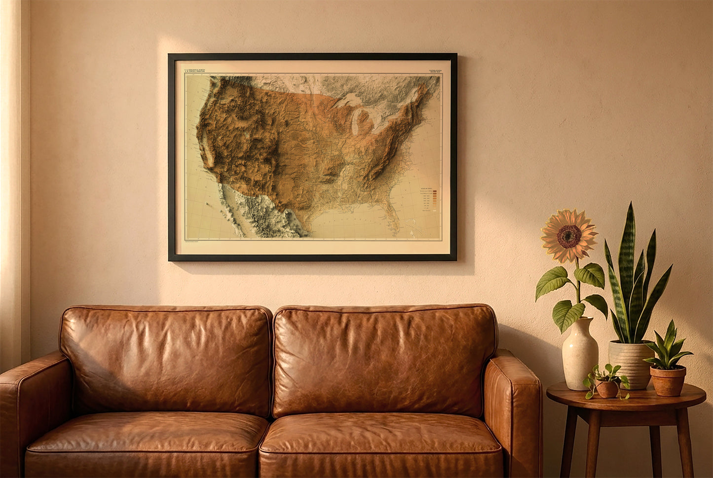 USA vintage relief map in a black frame above a brown leather sofa. Boho living room with warm sunlight, sunflower, and indoor plants on a wooden side table