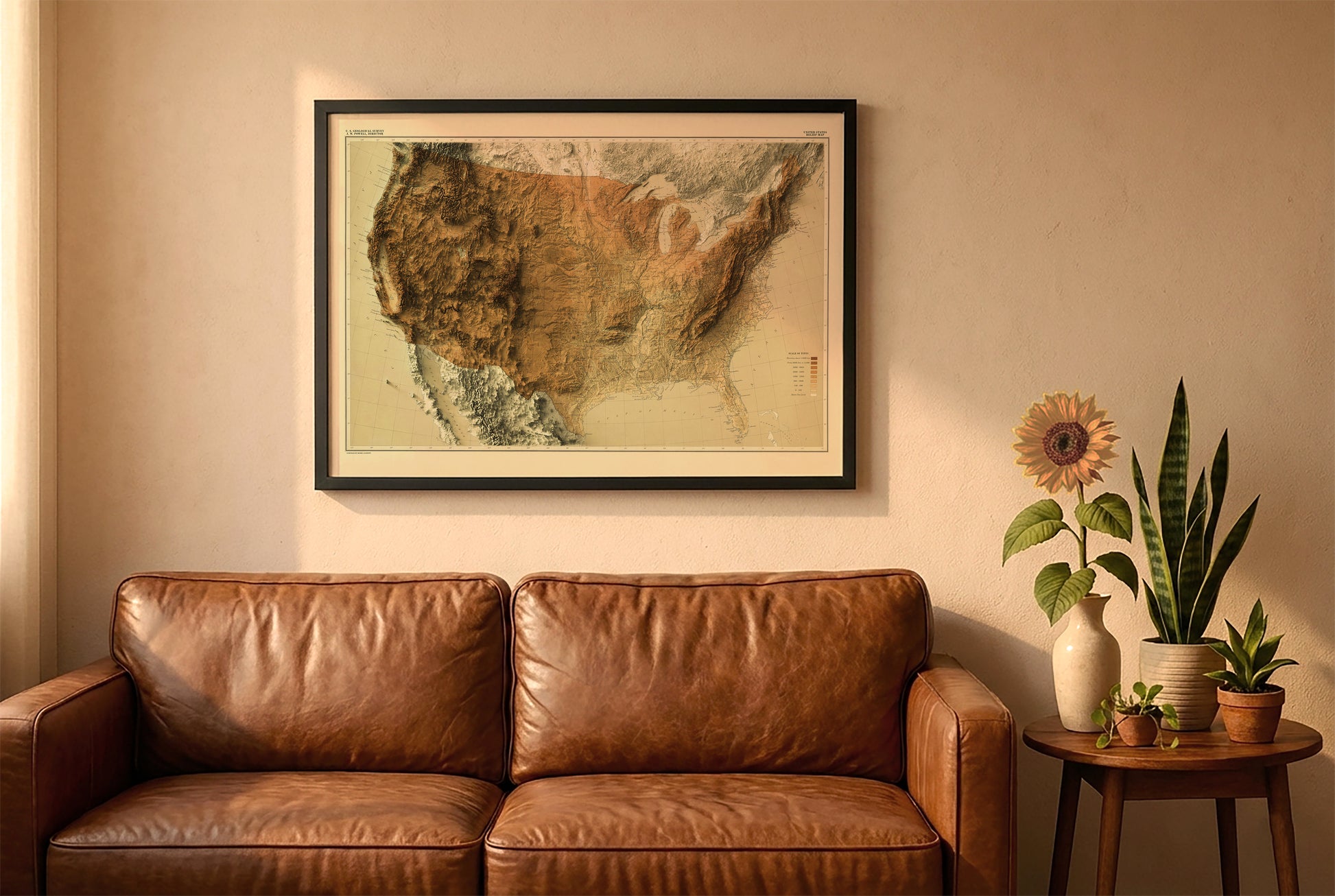 USA vintage relief map in a black frame above a brown leather sofa. Boho living room with warm sunlight, sunflower, and indoor plants on a wooden side table